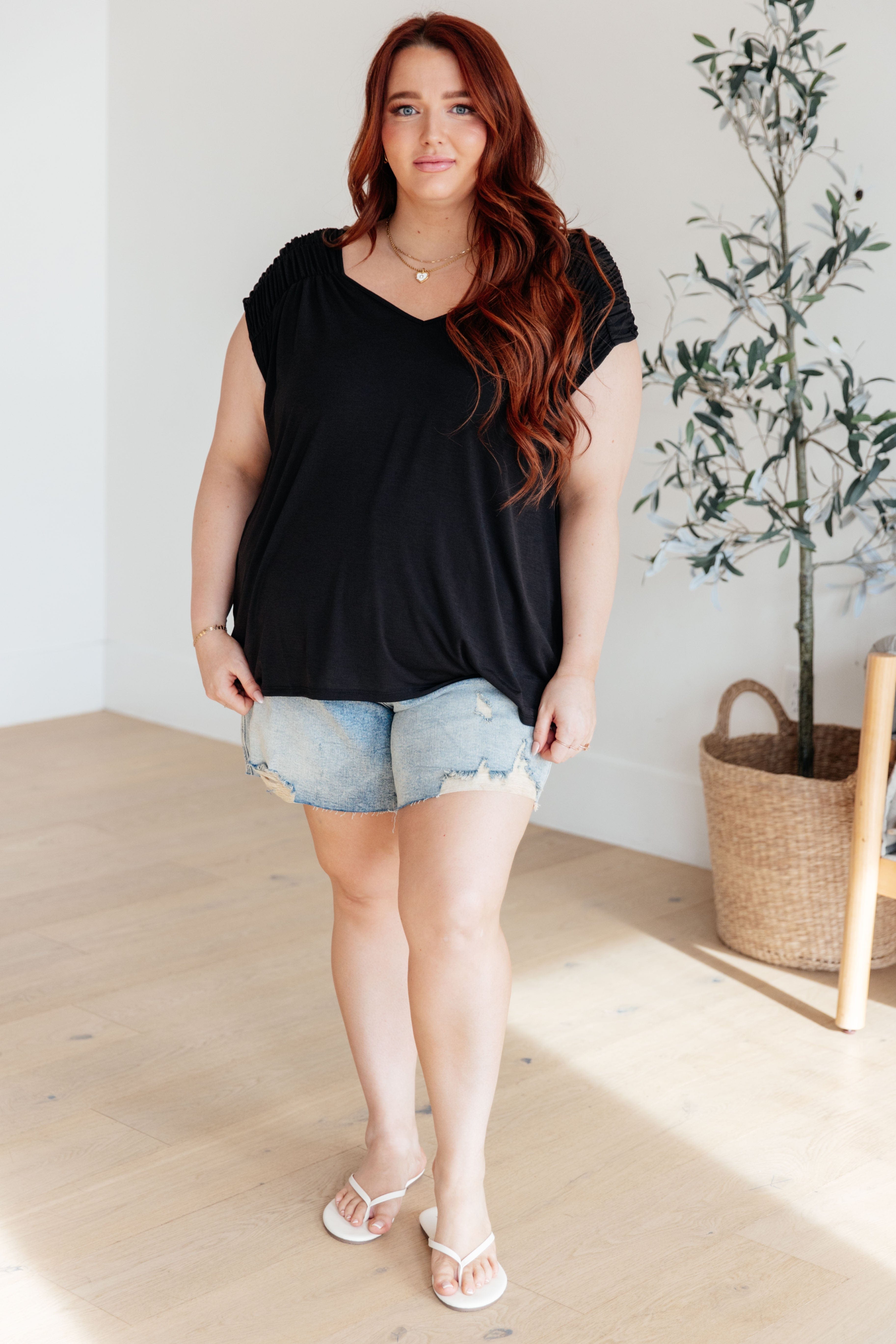 Ruched Cap Sleeve Top in Black-Womens-Stay Foxy Boutique, Florissant, Missouri