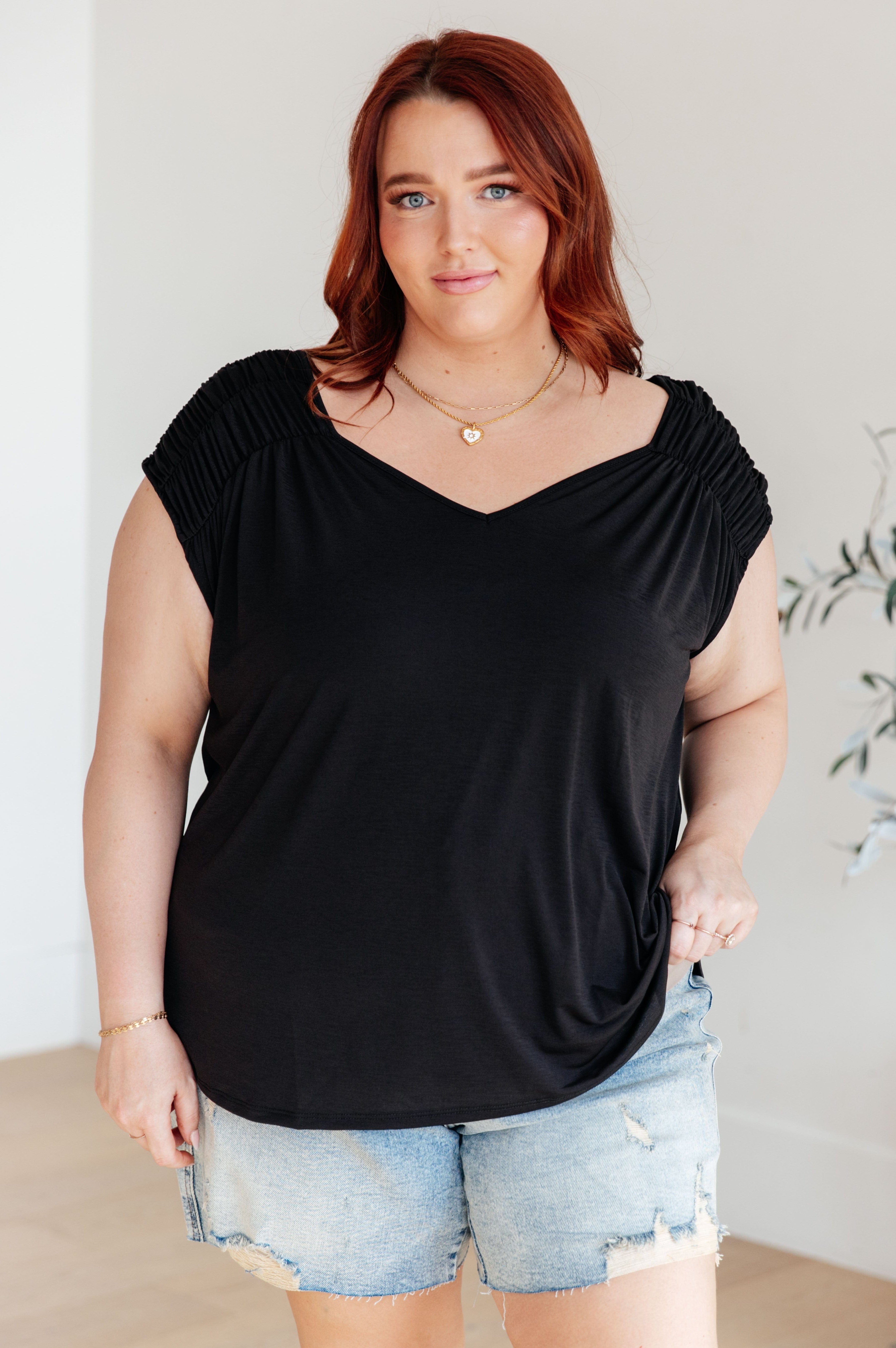 Ruched Cap Sleeve Top in Black-Womens-Stay Foxy Boutique, Florissant, Missouri