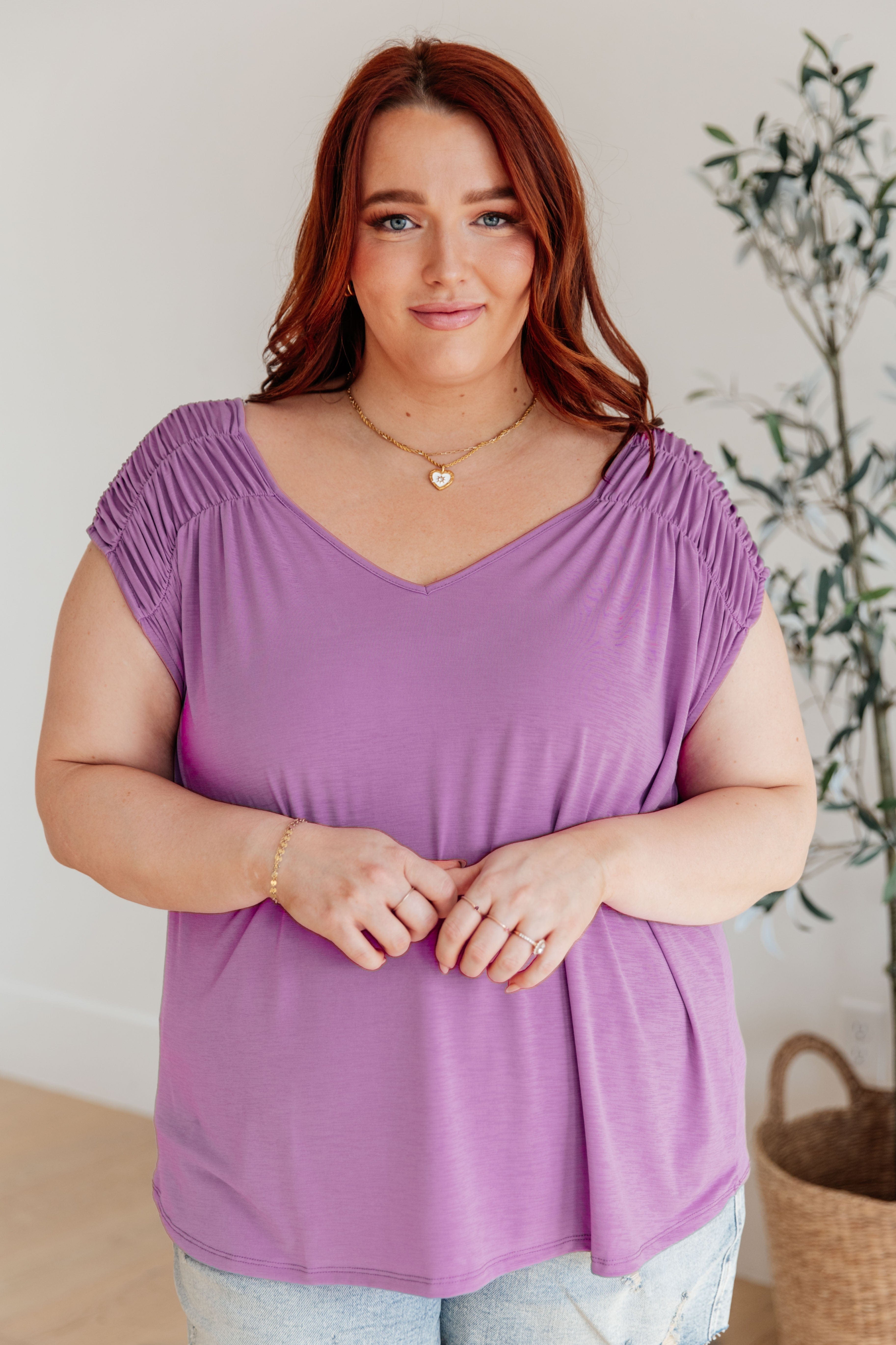 Ruched Cap Sleeve Top in Lavender-Womens-Stay Foxy Boutique, Florissant, Missouri