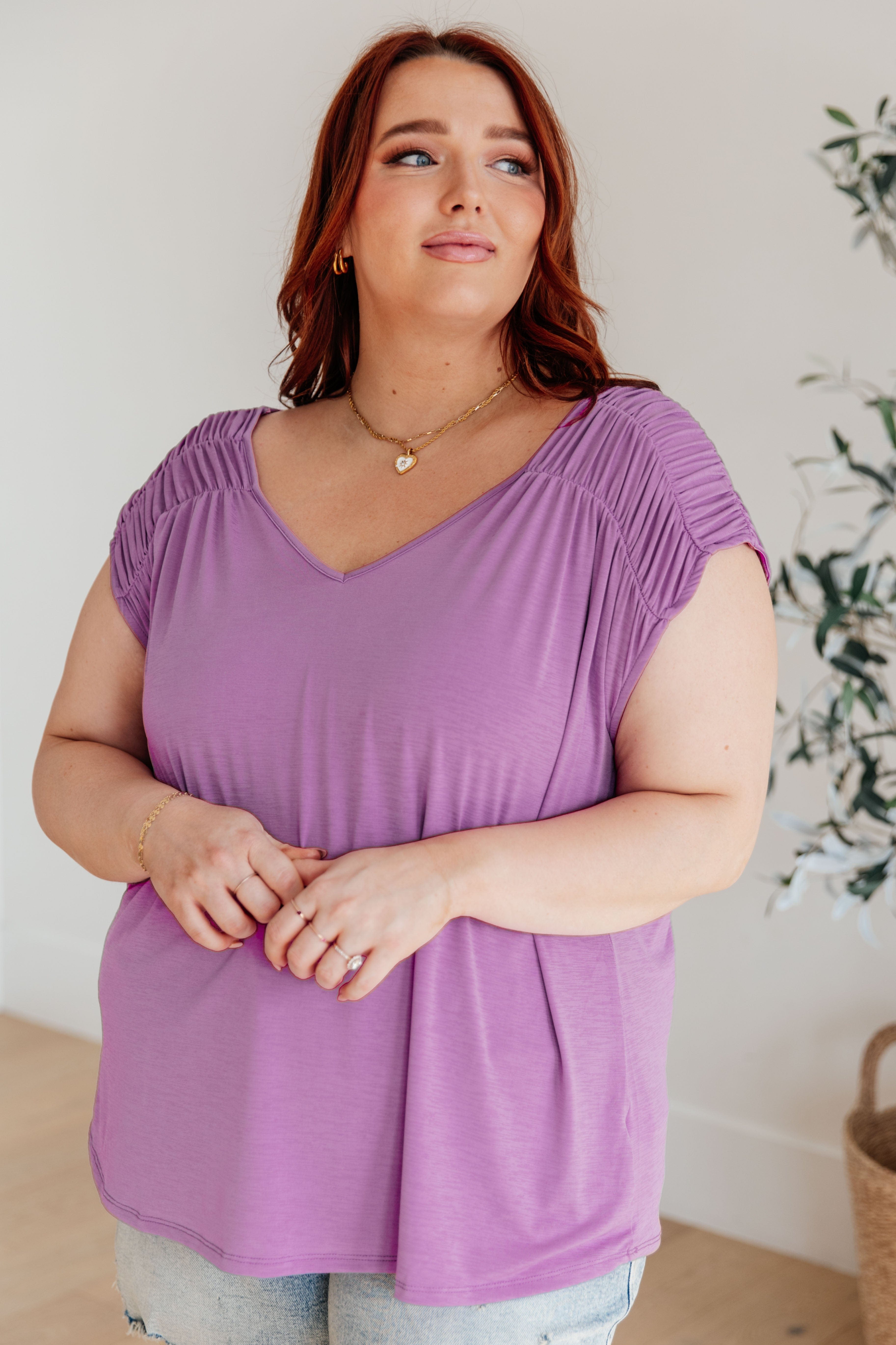 Ruched Cap Sleeve Top in Lavender-Womens-Stay Foxy Boutique, Florissant, Missouri