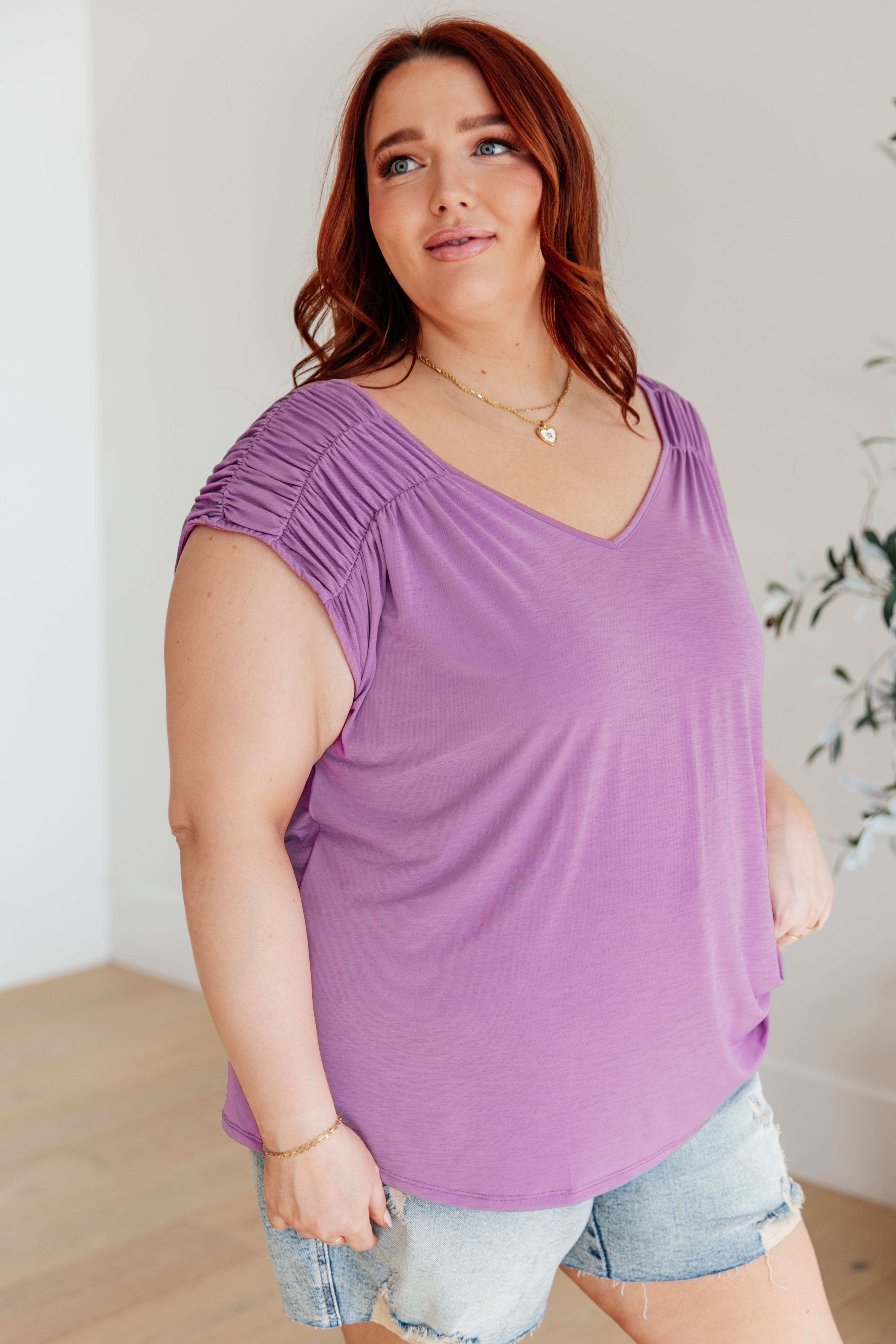 Ruched Cap Sleeve Top in Lavender-Womens-Stay Foxy Boutique, Florissant, Missouri