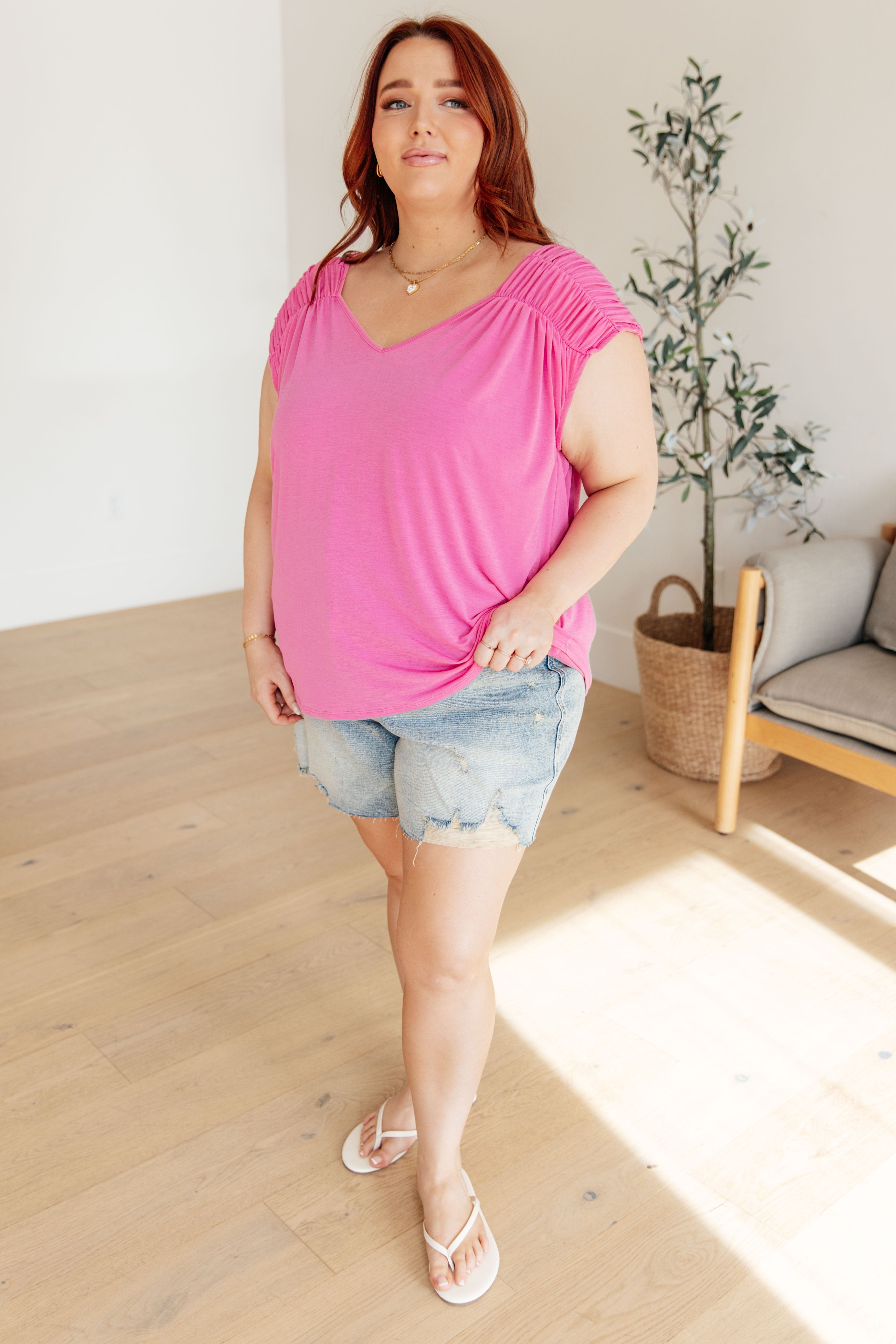 Ruched Cap Sleeve Top in Magenta-Womens-Stay Foxy Boutique, Florissant, Missouri