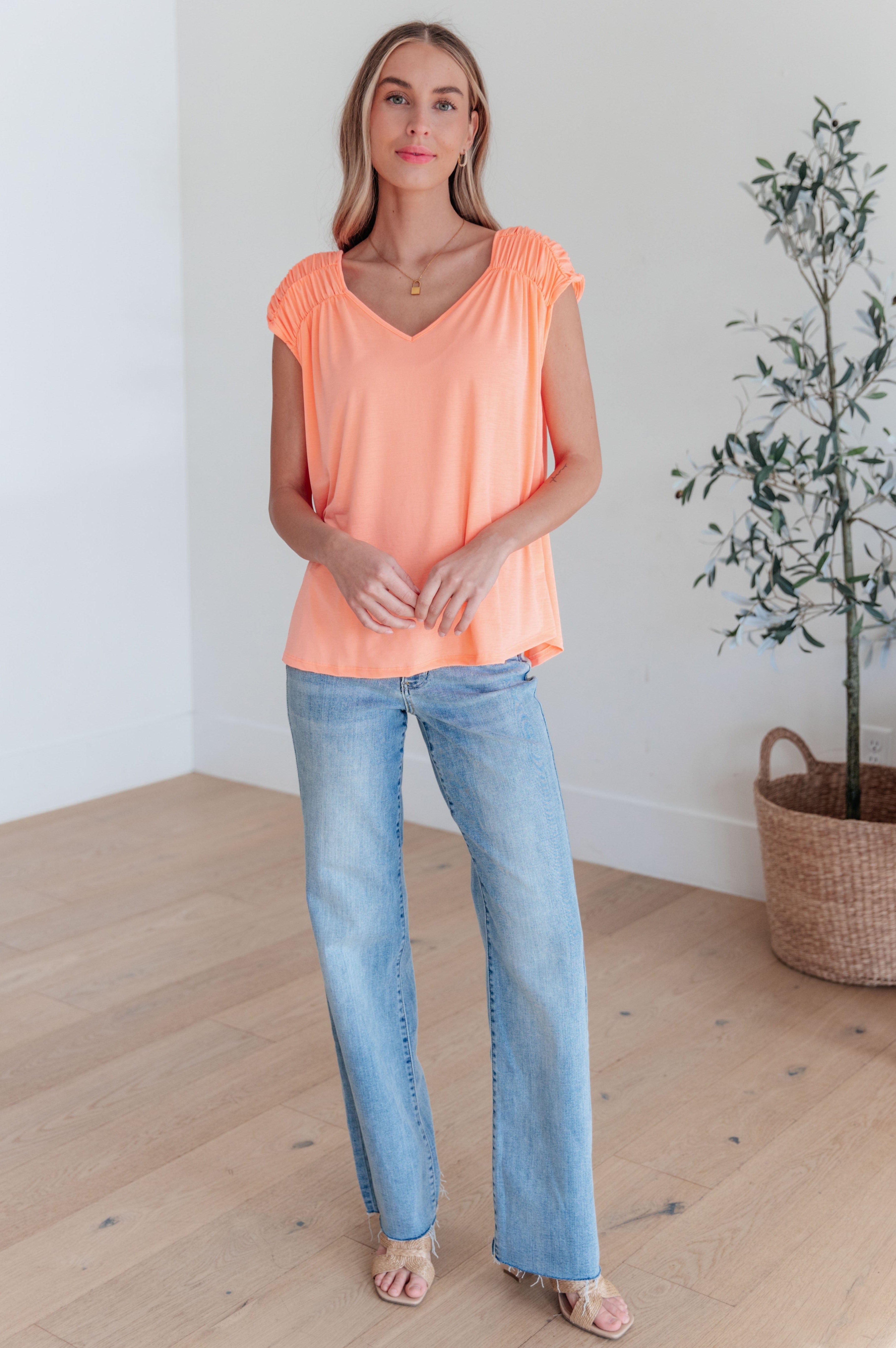 Ruched Cap Sleeve Top in Neon Orange-Womens-Stay Foxy Boutique, Florissant, Missouri