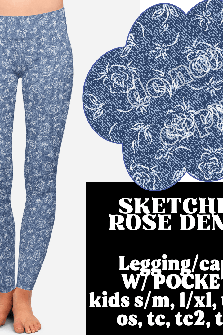 SKETCHED ROSE- DENIM PATTERN RUN - LEGGING/CAPRI-Stay Foxy Boutique, Florissant, Missouri