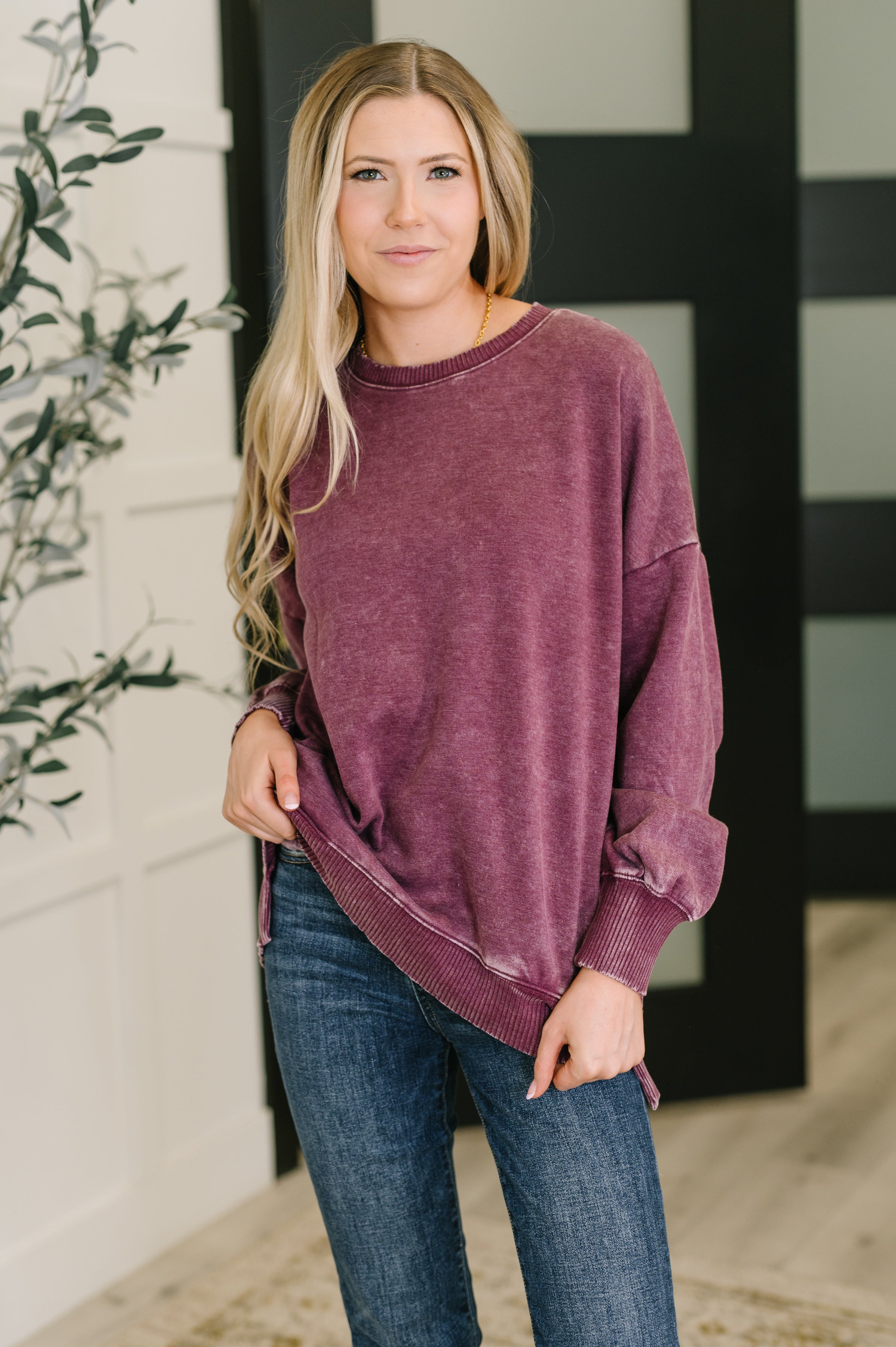 Safe and Secure Mineral Wash Pullover in Eggplant-Womens-Stay Foxy Boutique, Florissant, Missouri