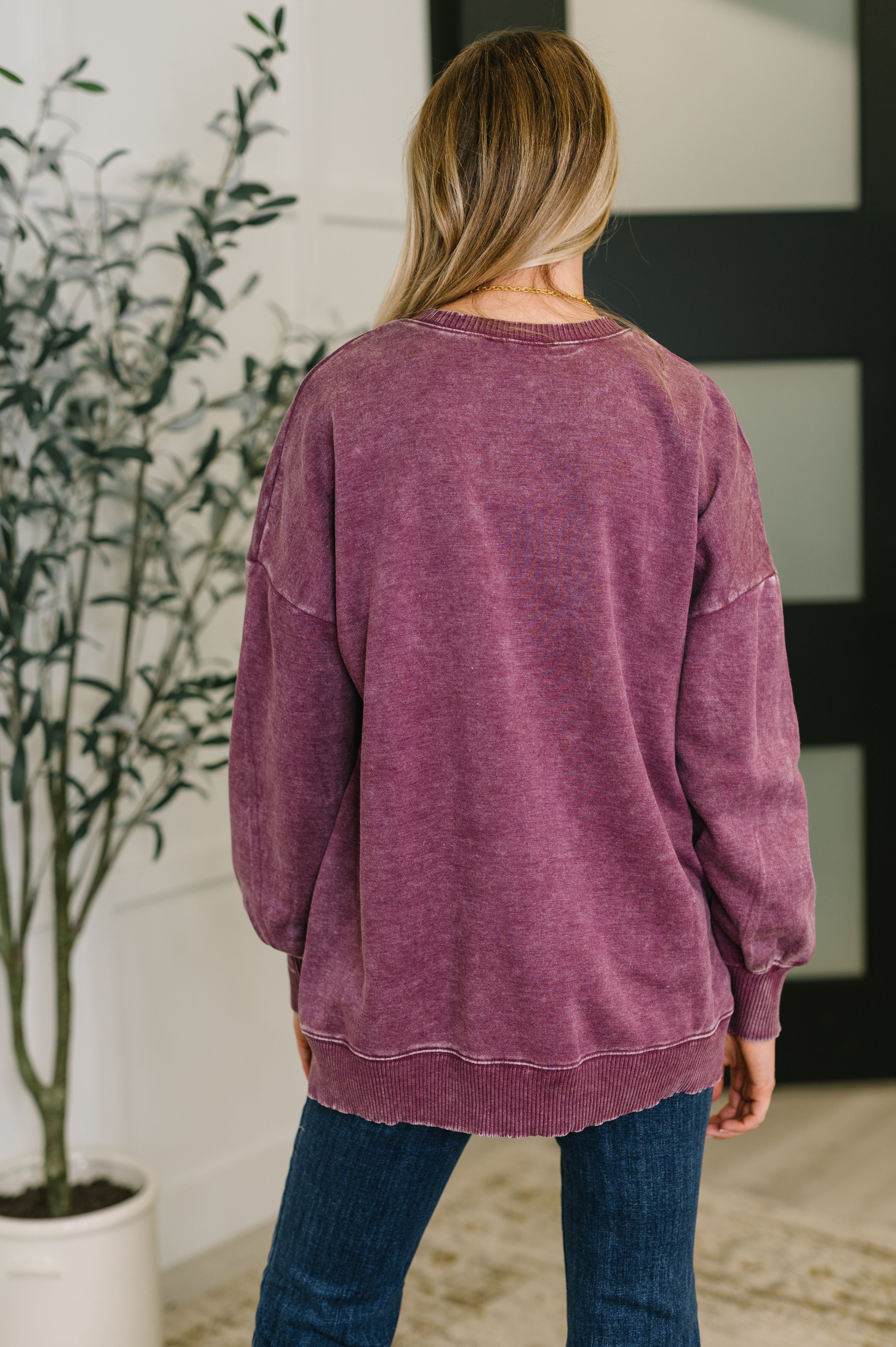 Safe and Secure Mineral Wash Pullover in Eggplant-Womens-Stay Foxy Boutique, Florissant, Missouri