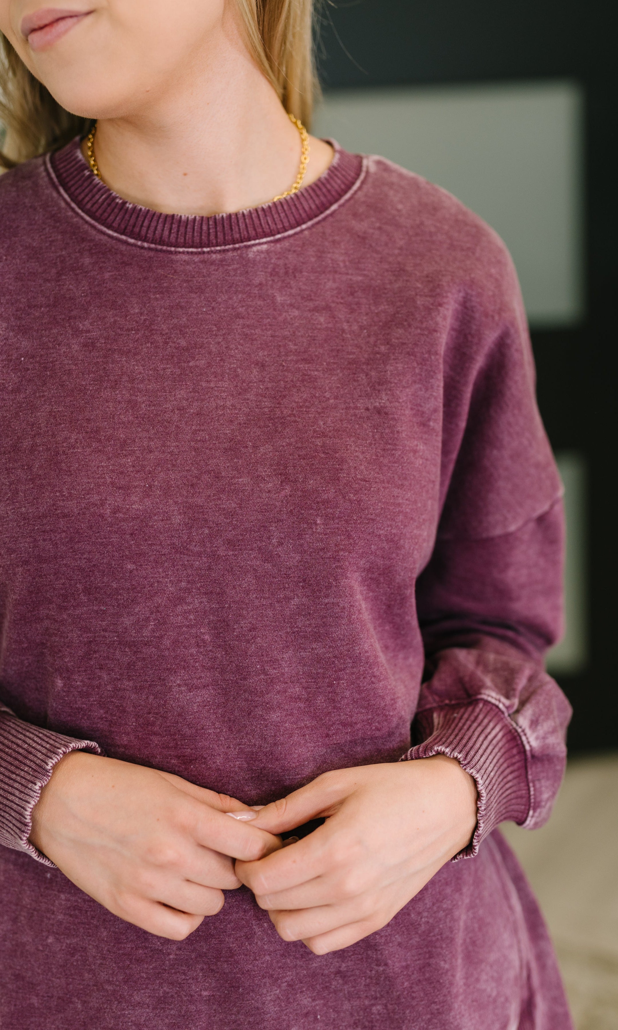 Safe and Secure Mineral Wash Pullover in Eggplant-Womens-Stay Foxy Boutique, Florissant, Missouri