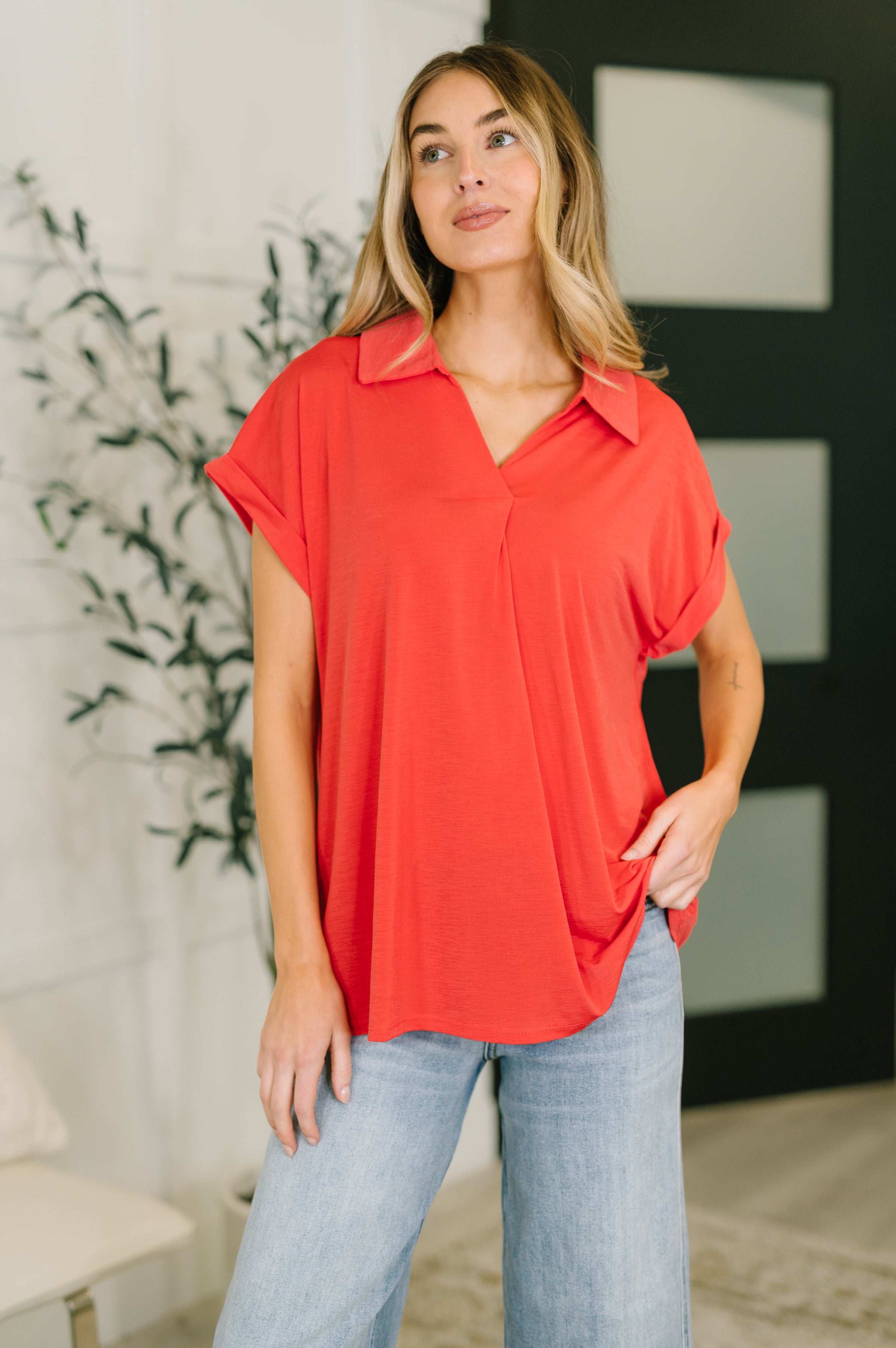 Sea You Soon Collared Top in Hot Coral-Womens-Stay Foxy Boutique, Florissant, Missouri