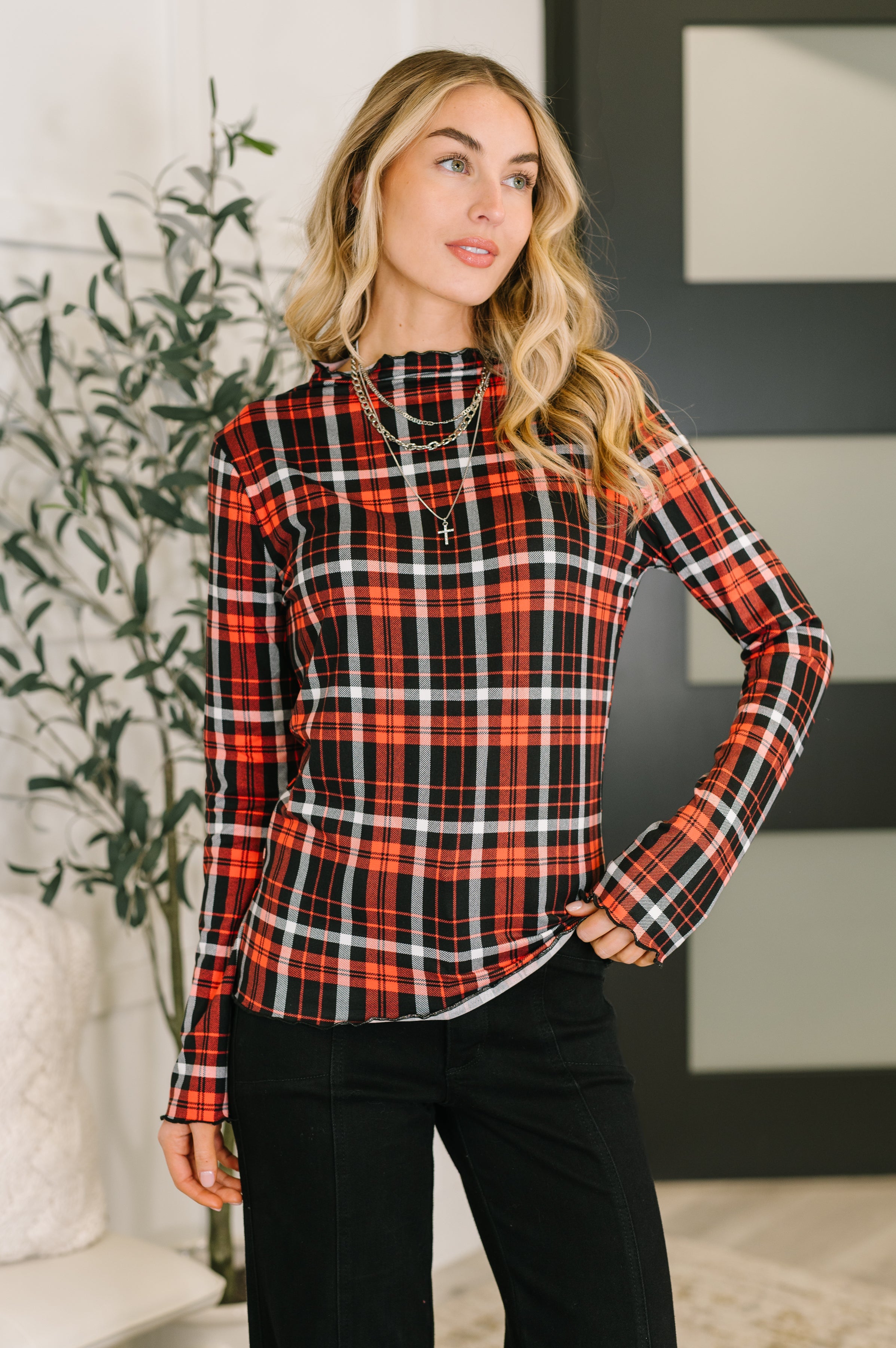 She's Always Changing Plaid Lettuce Hem Top-Womens-Stay Foxy Boutique, Florissant, Missouri