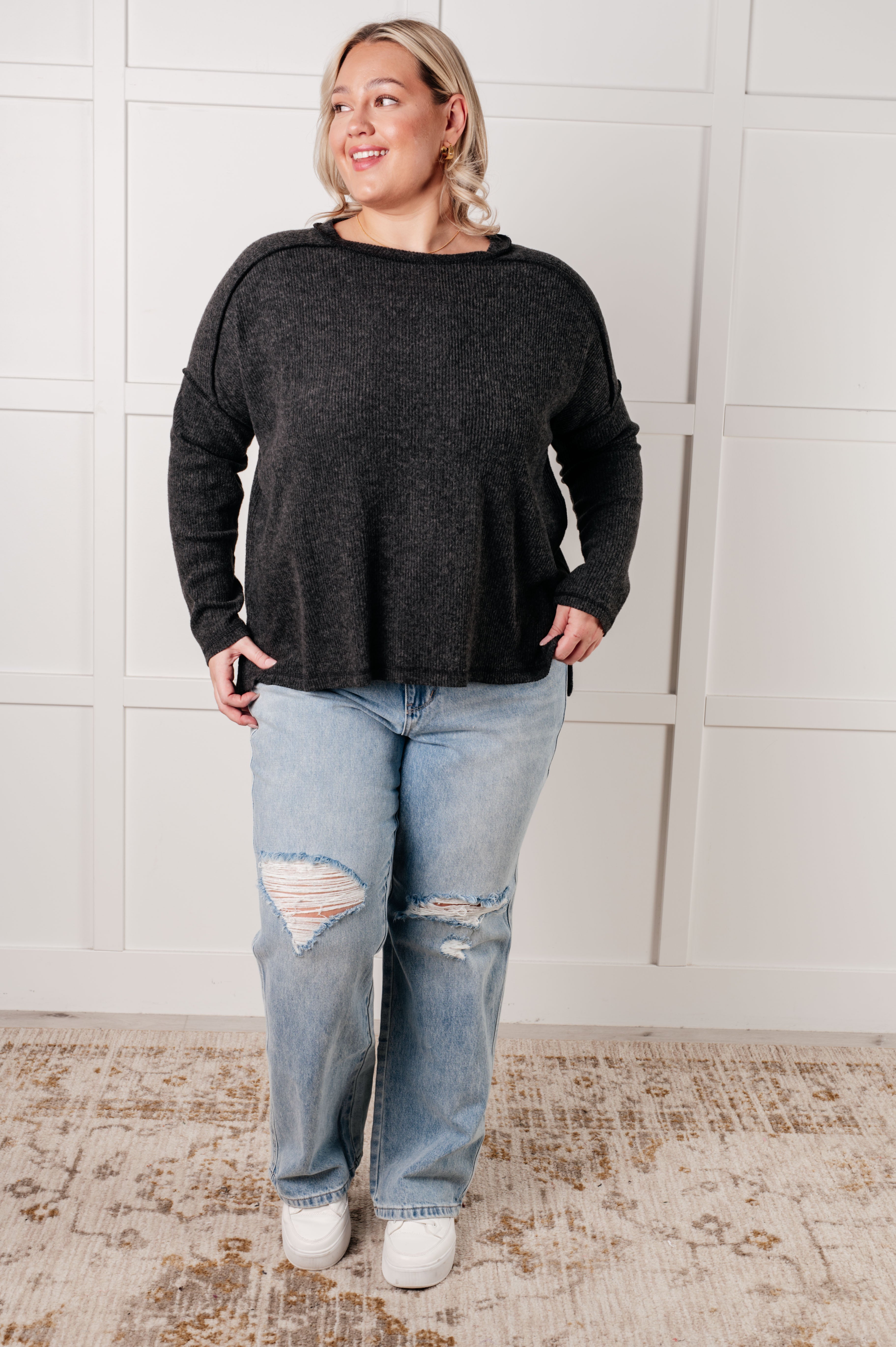 Simply Basic Ribbed Hacci Sweater in Black-Tops-Stay Foxy Boutique, Florissant, Missouri