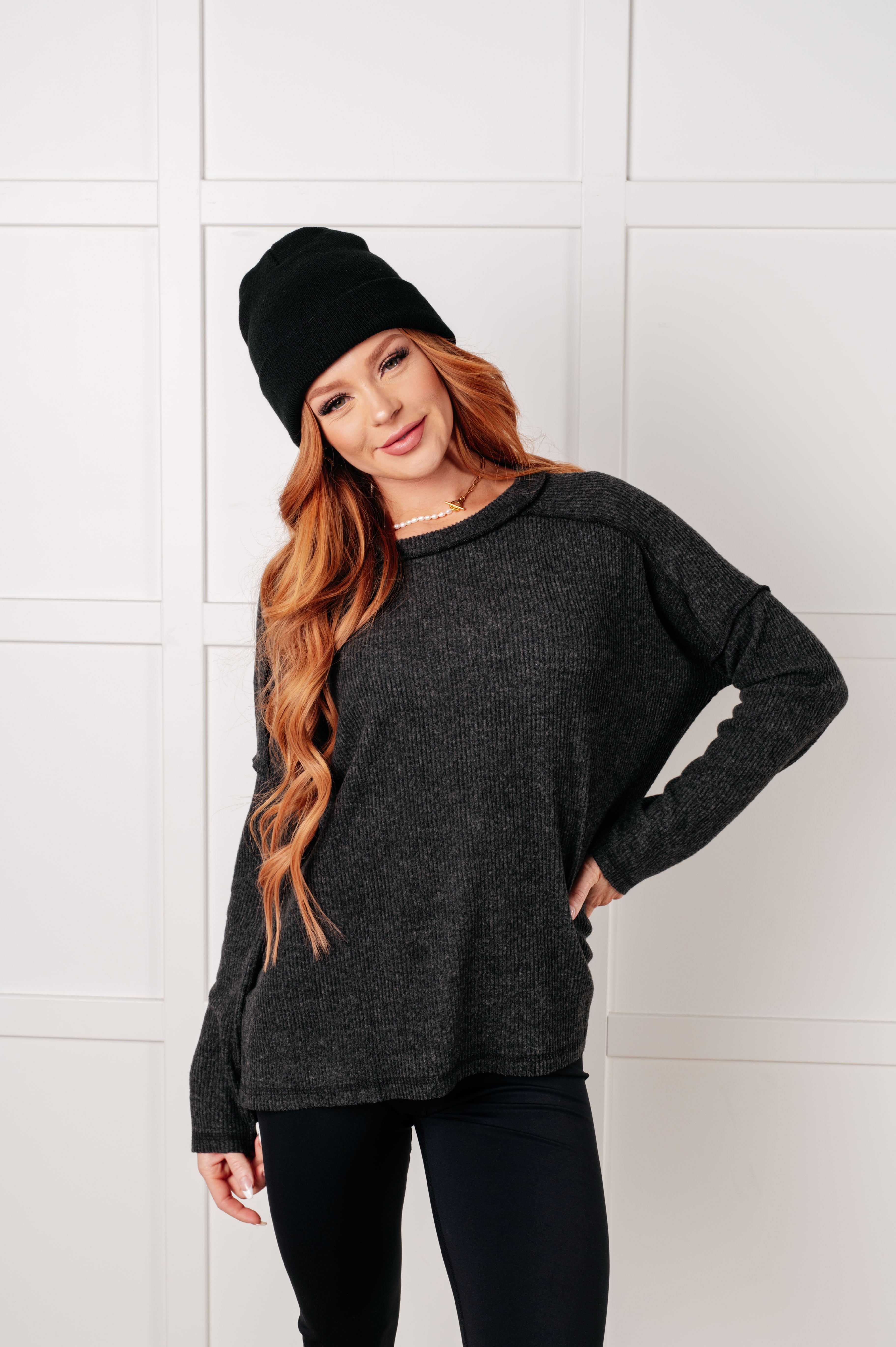Simply Basic Ribbed Hacci Sweater in Black-Tops-Stay Foxy Boutique, Florissant, Missouri