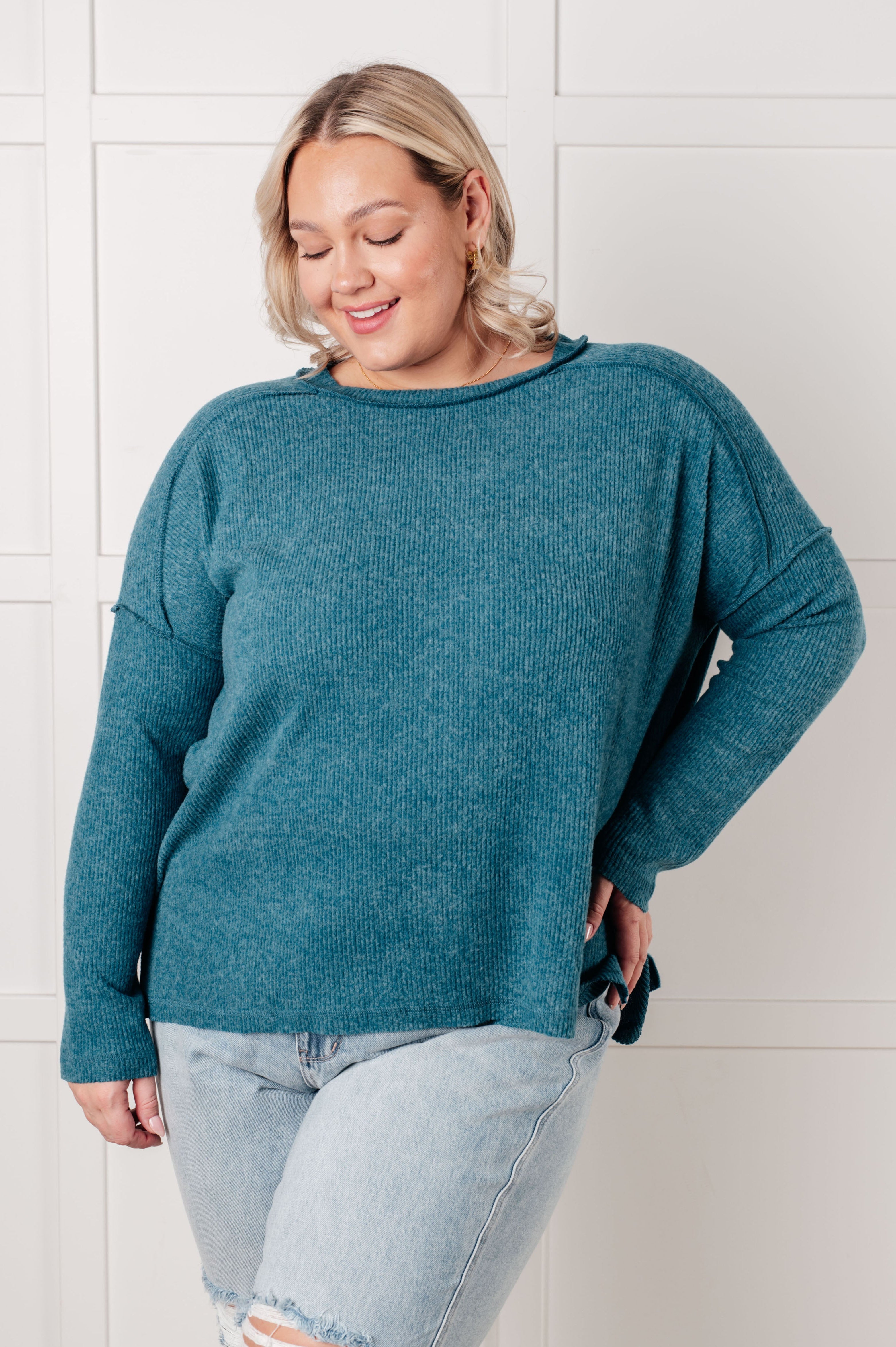 Simply Basic Ribbed Hacci Sweater in Teal-Tops-Stay Foxy Boutique, Florissant, Missouri