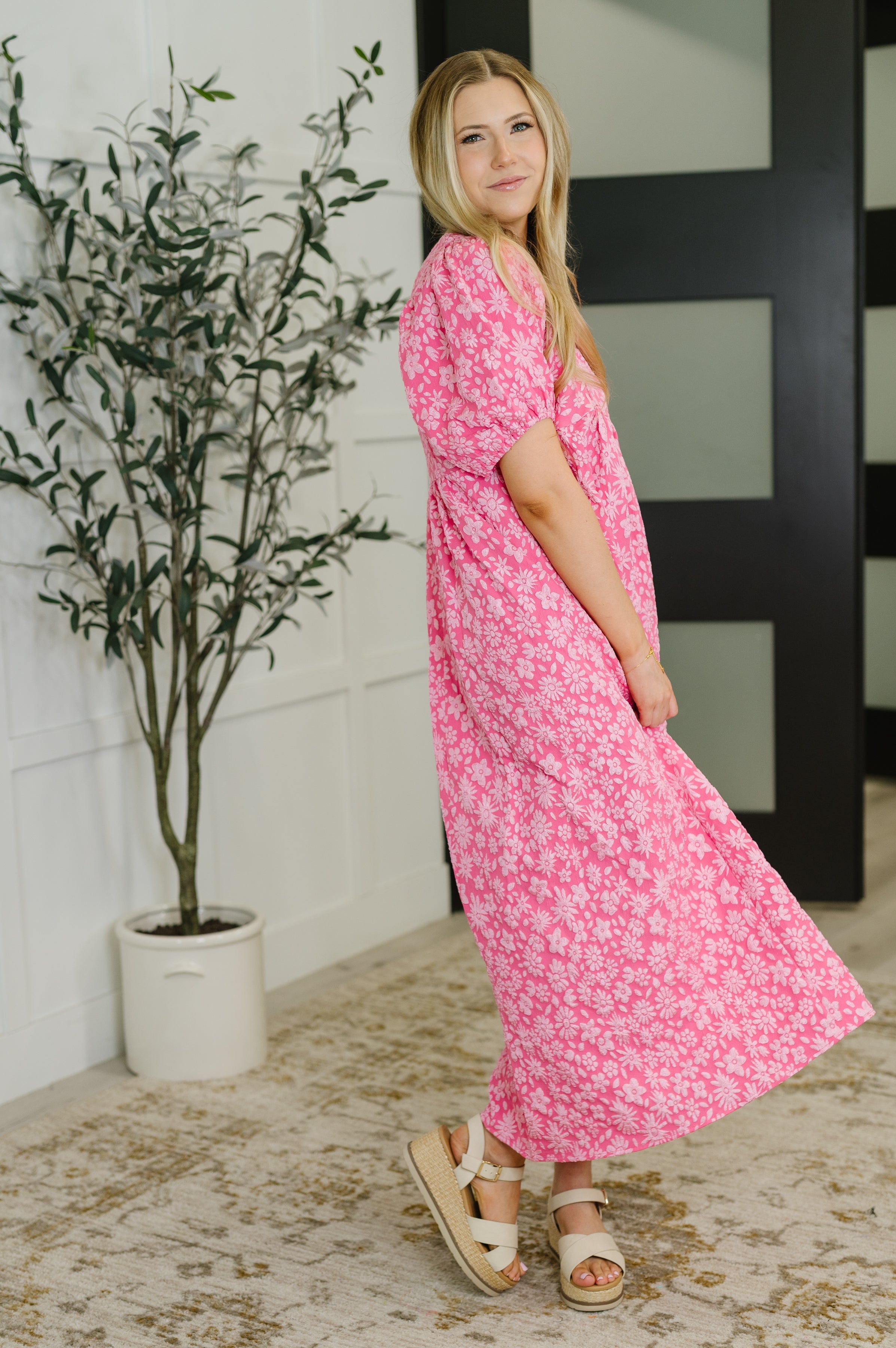Softly Spoken Textured V-Neck Dress in Hot Pink-Womens-Stay Foxy Boutique, Florissant, Missouri