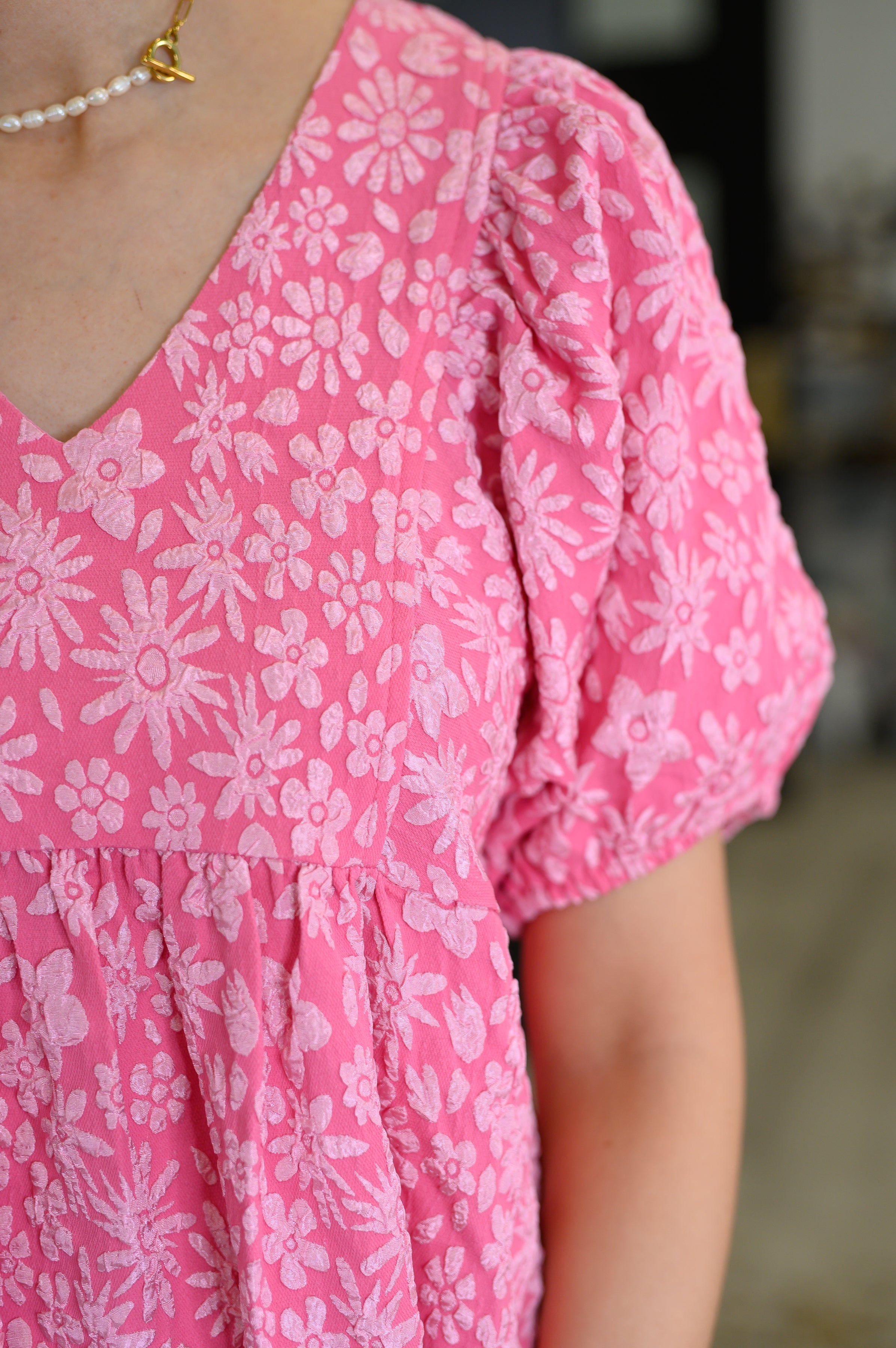 Softly Spoken Textured V-Neck Dress in Hot Pink-Womens-Stay Foxy Boutique, Florissant, Missouri