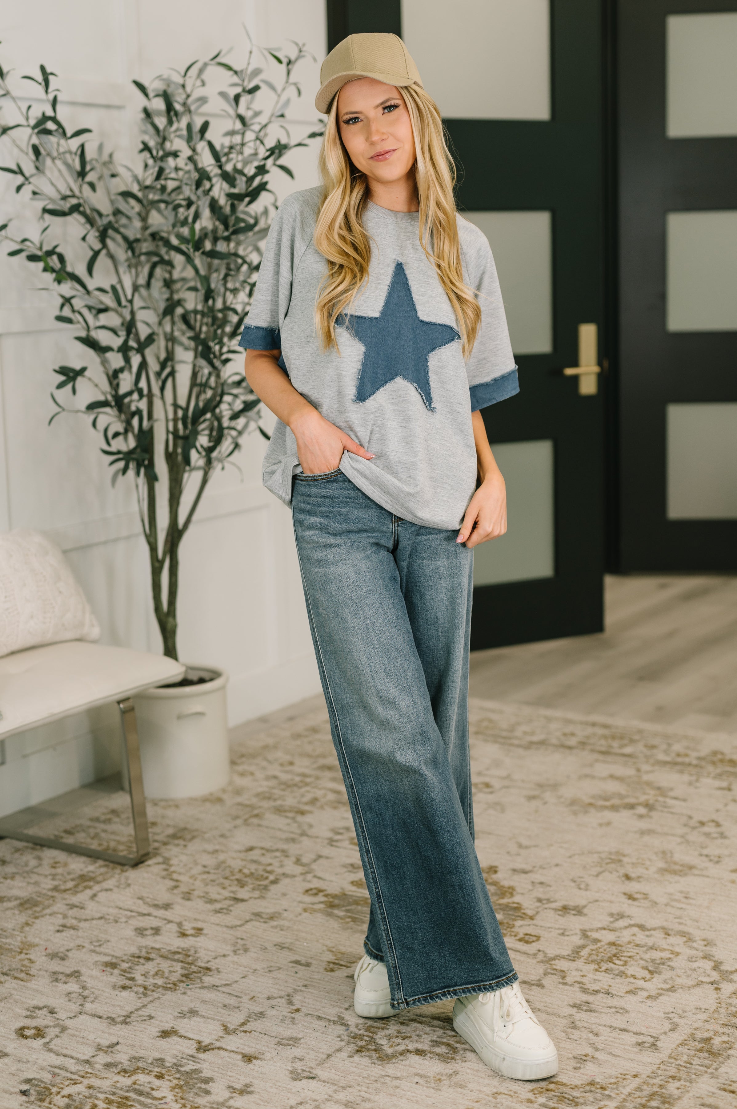 Star Stud Distressed Applique Top-Womens-Stay Foxy Boutique, Florissant, Missouri