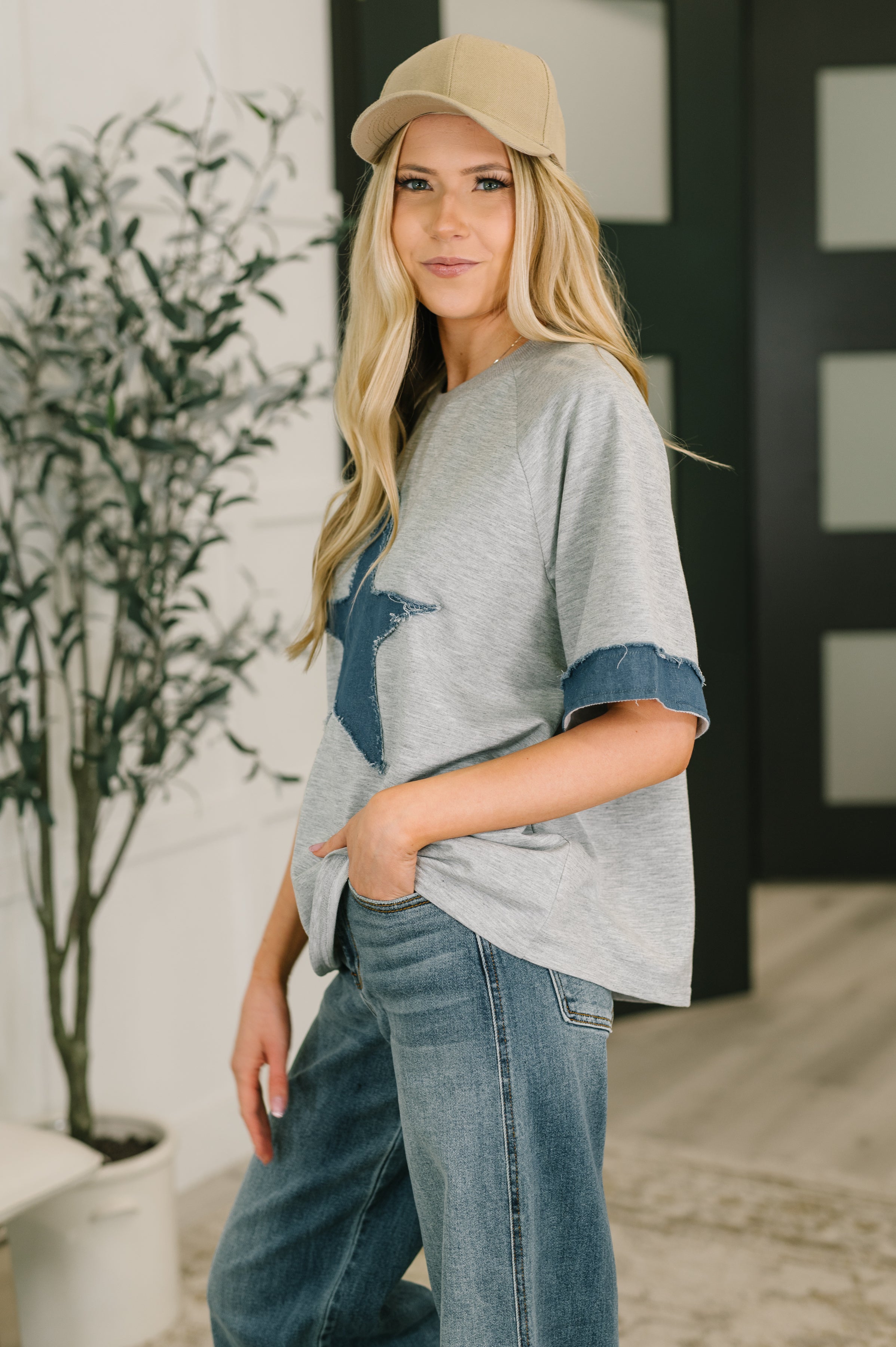 Star Stud Distressed Applique Top-Womens-Stay Foxy Boutique, Florissant, Missouri