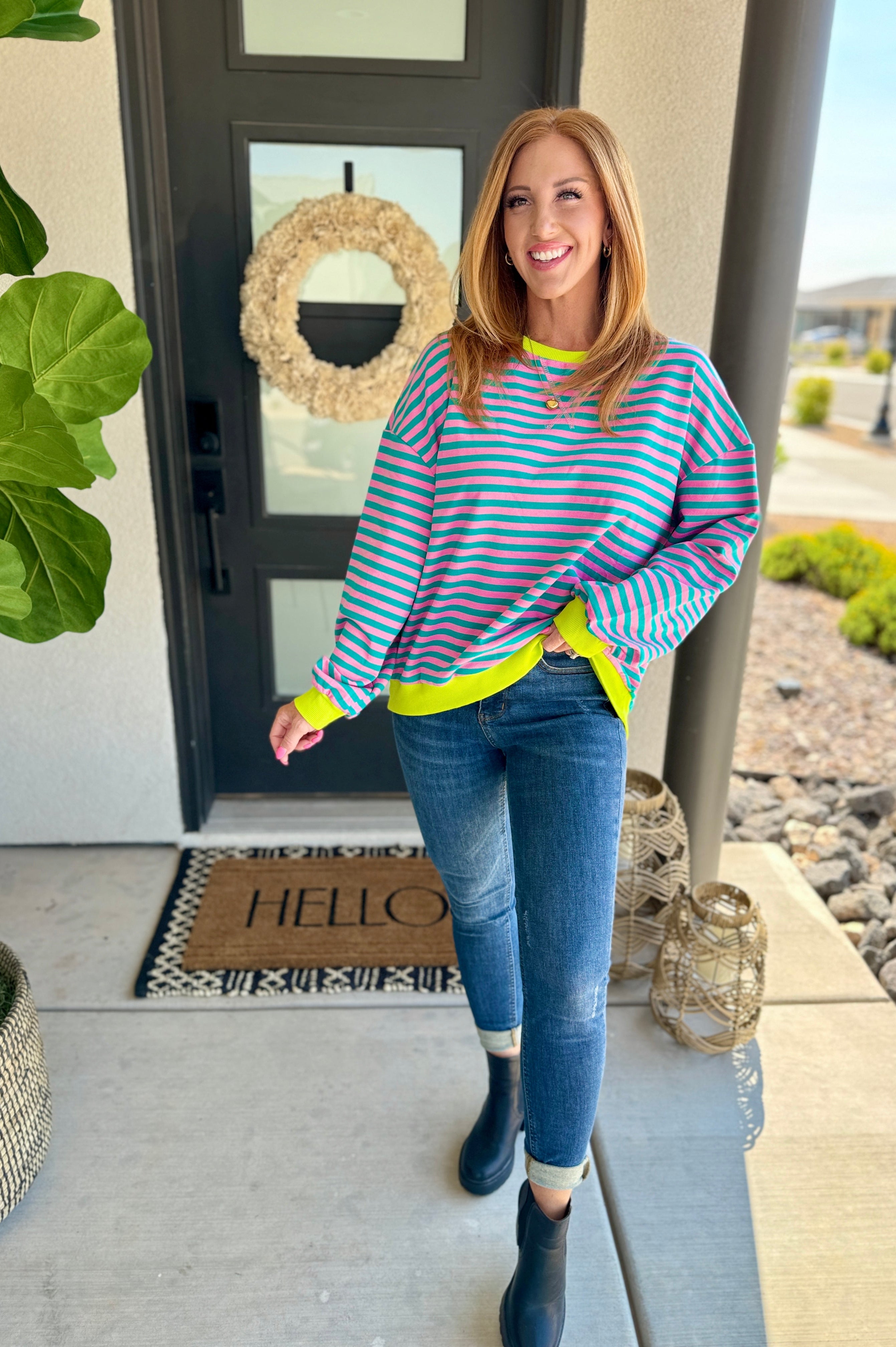 PREORDER: Larson Contrast Pullover in Pink/Green-Womens-Stay Foxy Boutique, Florissant, Missouri