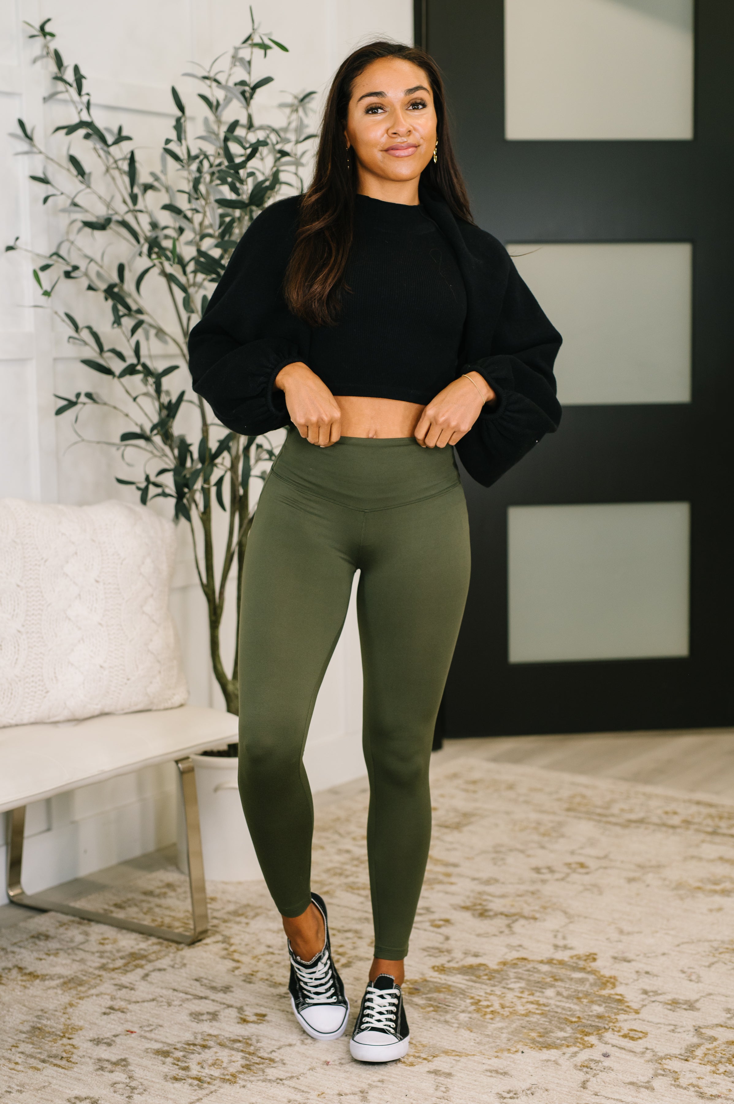 Sunday Splits High Waisted Leggings in Dark Olive-Womens-Stay Foxy Boutique, Florissant, Missouri
