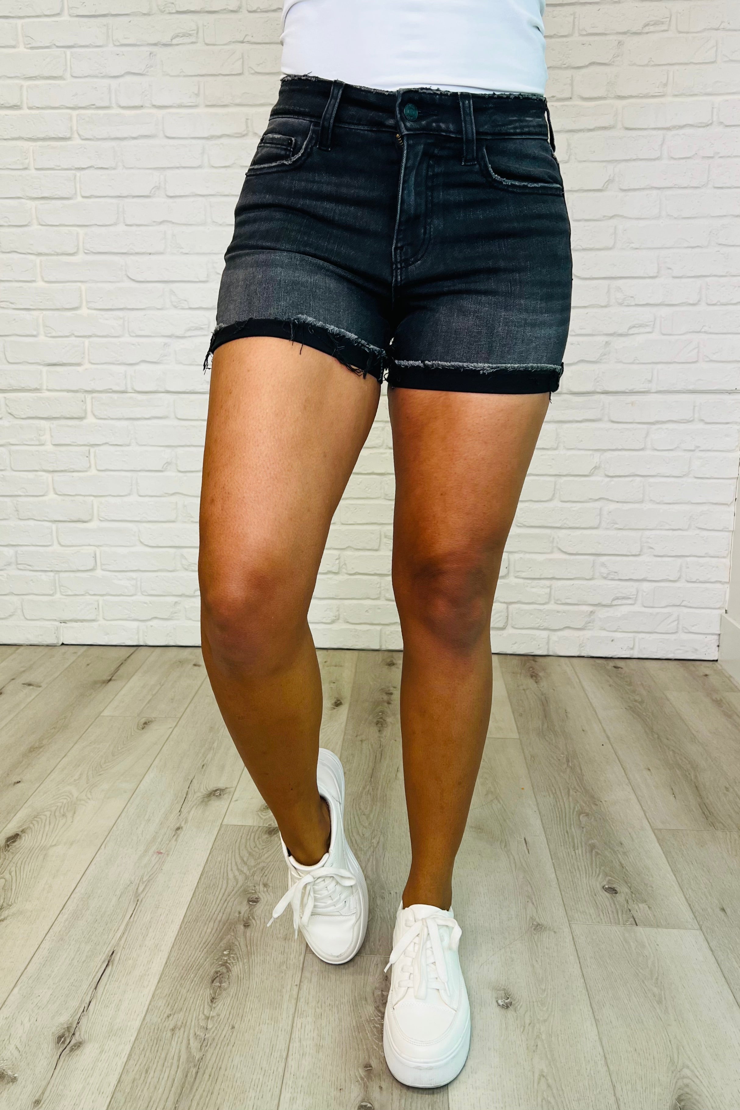 Sunset Stroll Distressed Hem Shorts in Washed Black-Womens-Stay Foxy Boutique, Florissant, Missouri