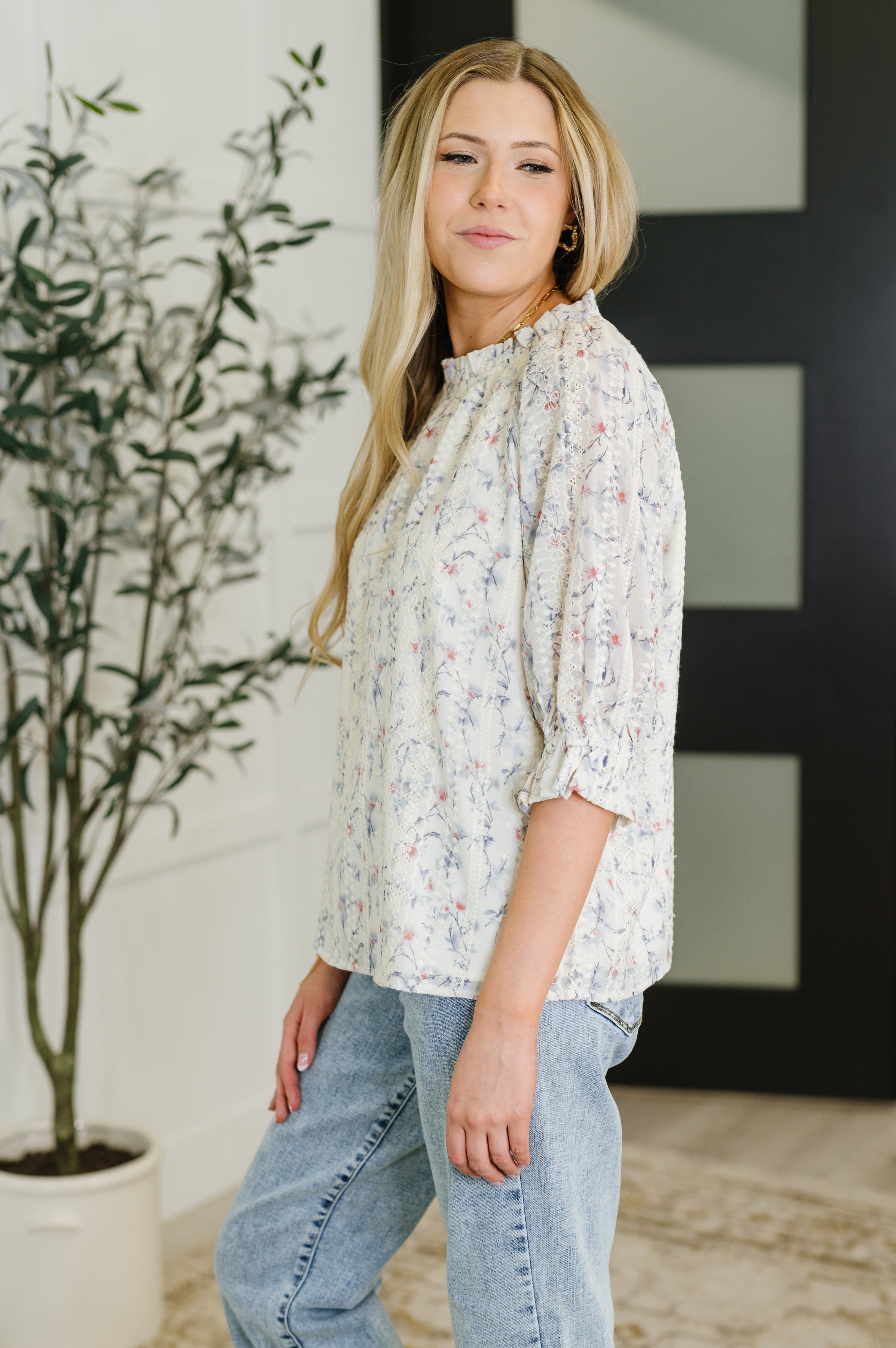 Sweet Ruffle Affair High Neck Blouse in Blue-Womens-Stay Foxy Boutique, Florissant, Missouri