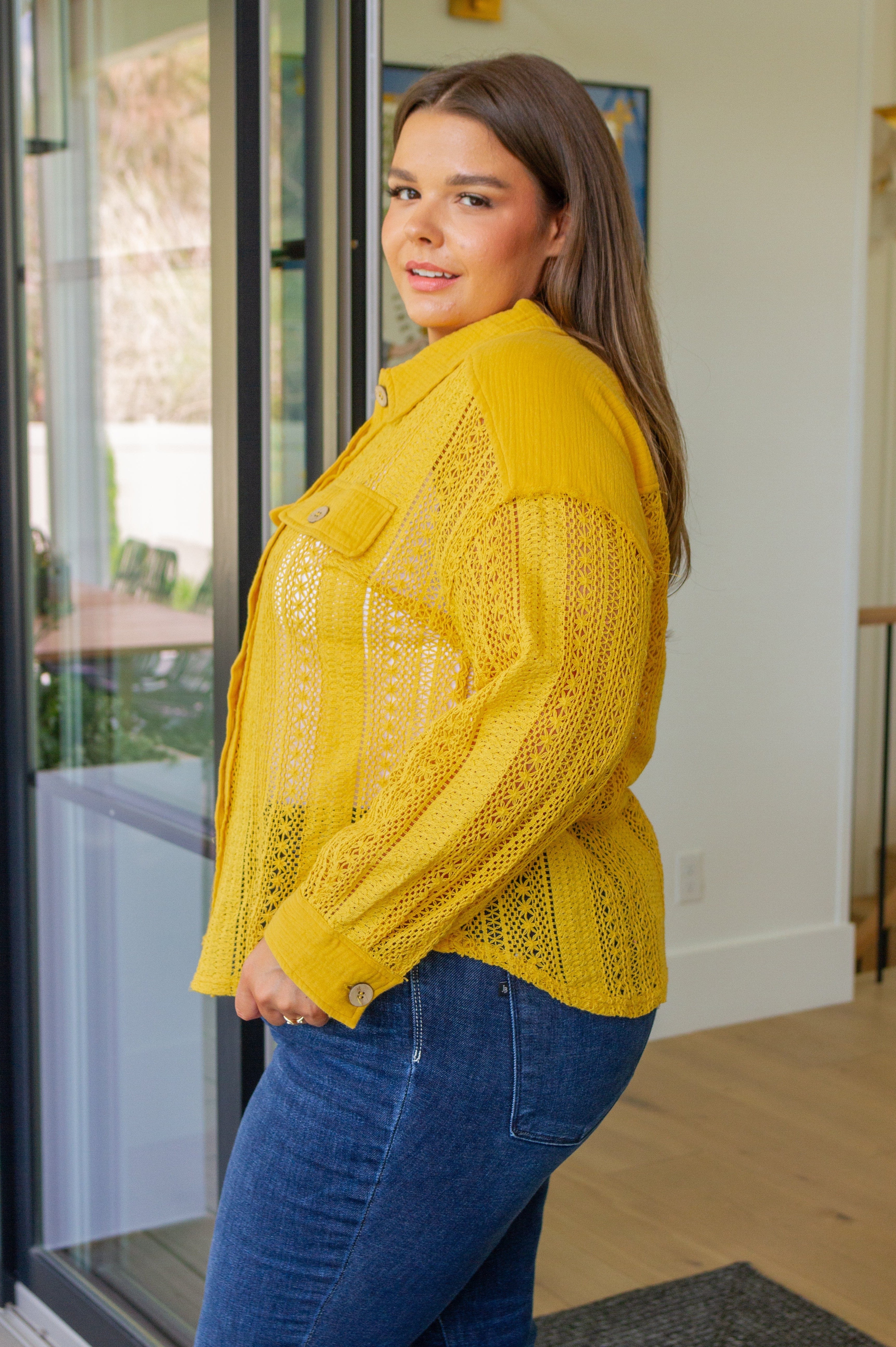 Sweeter Than Nectar Lace Button Down in Honey-Tops-Stay Foxy Boutique, Florissant, Missouri