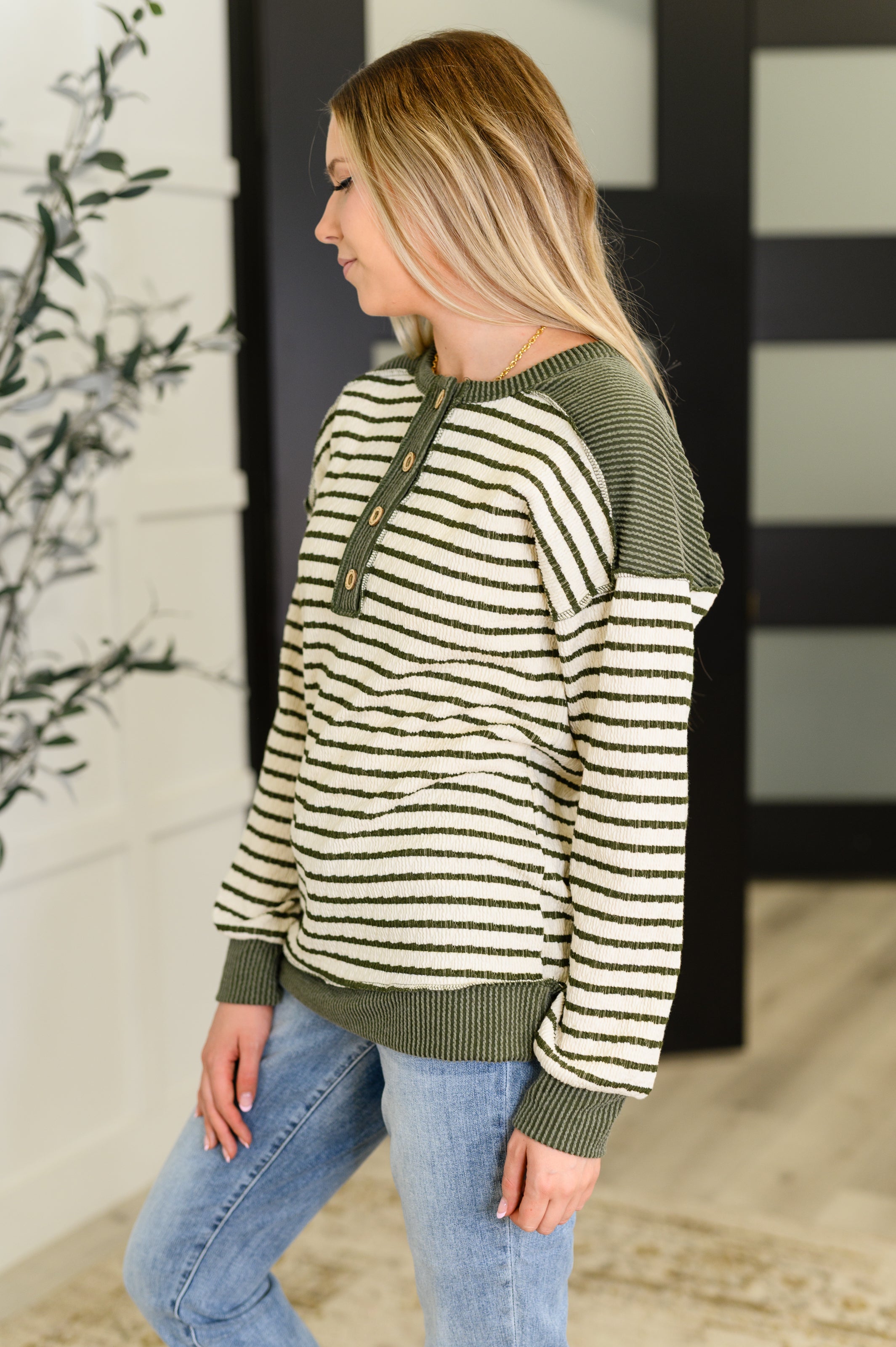 Timeless Lines Contrast Henley Top-Womens-Stay Foxy Boutique, Florissant, Missouri