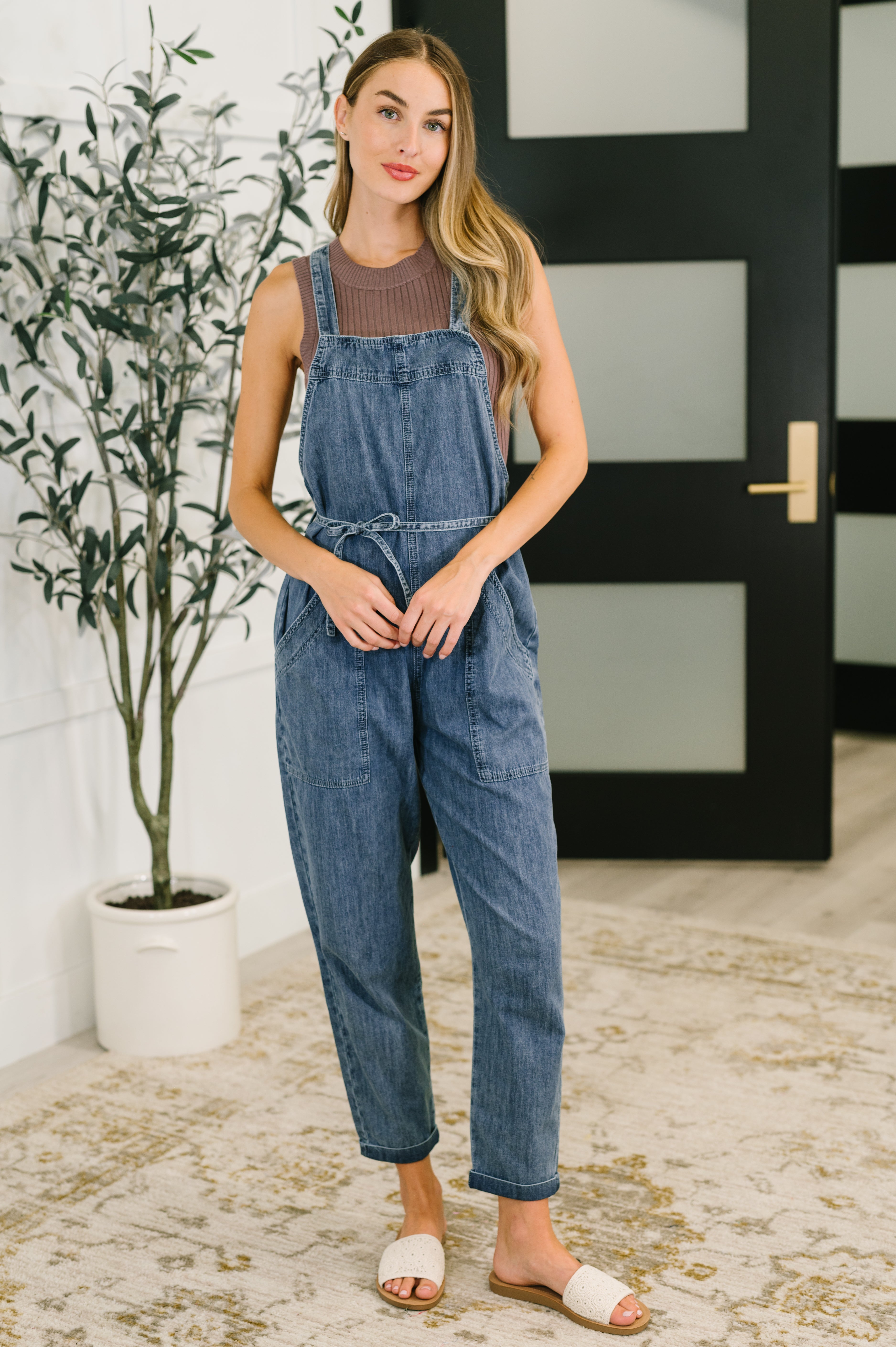 Too Cute to Compute Waist Tie Overalls in Dark Blue-Womens-Stay Foxy Boutique, Florissant, Missouri