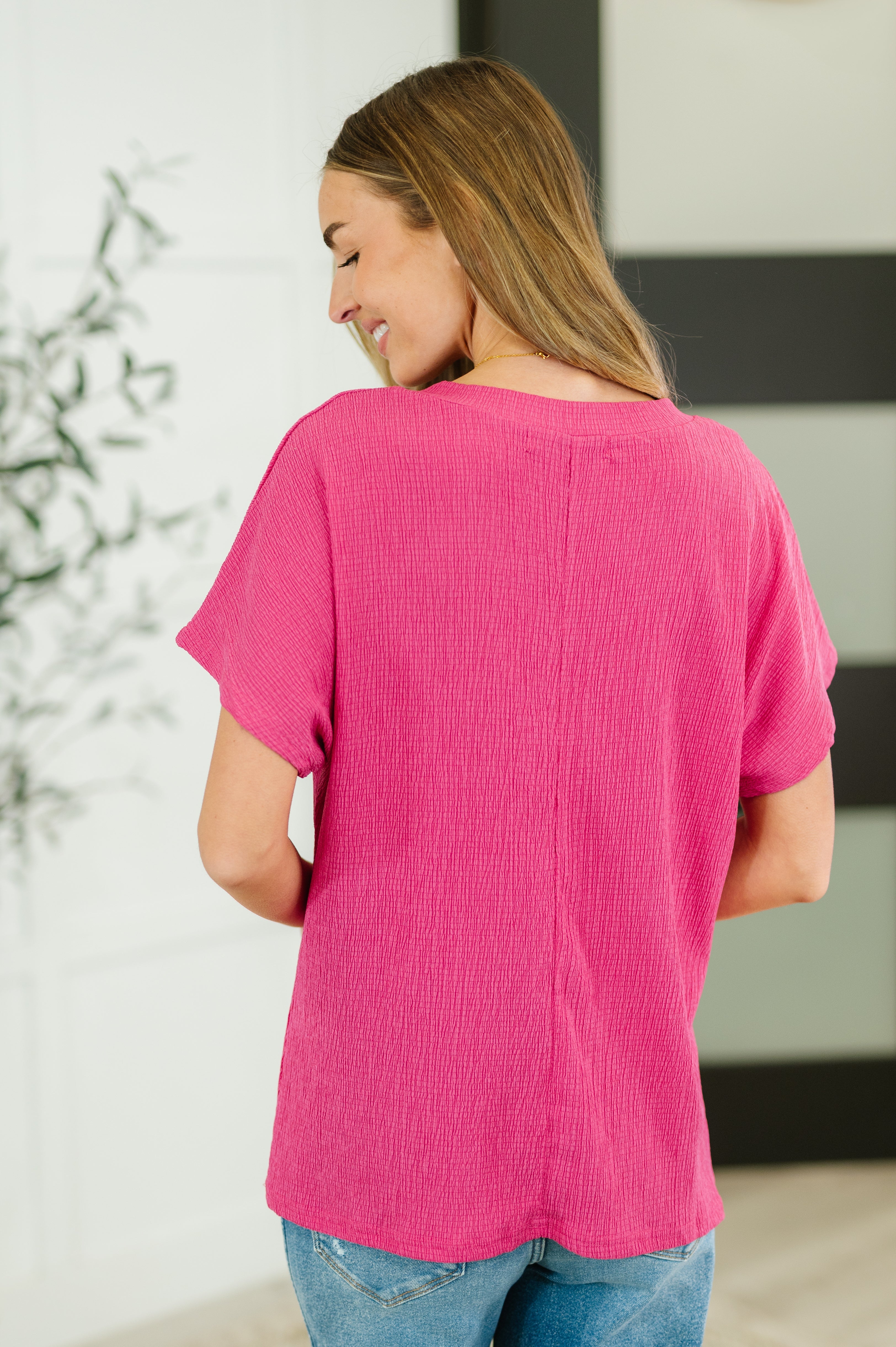 Trial and Error Textured V-Neck Blouse in Magenta-Tops-Stay Foxy Boutique, Florissant, Missouri