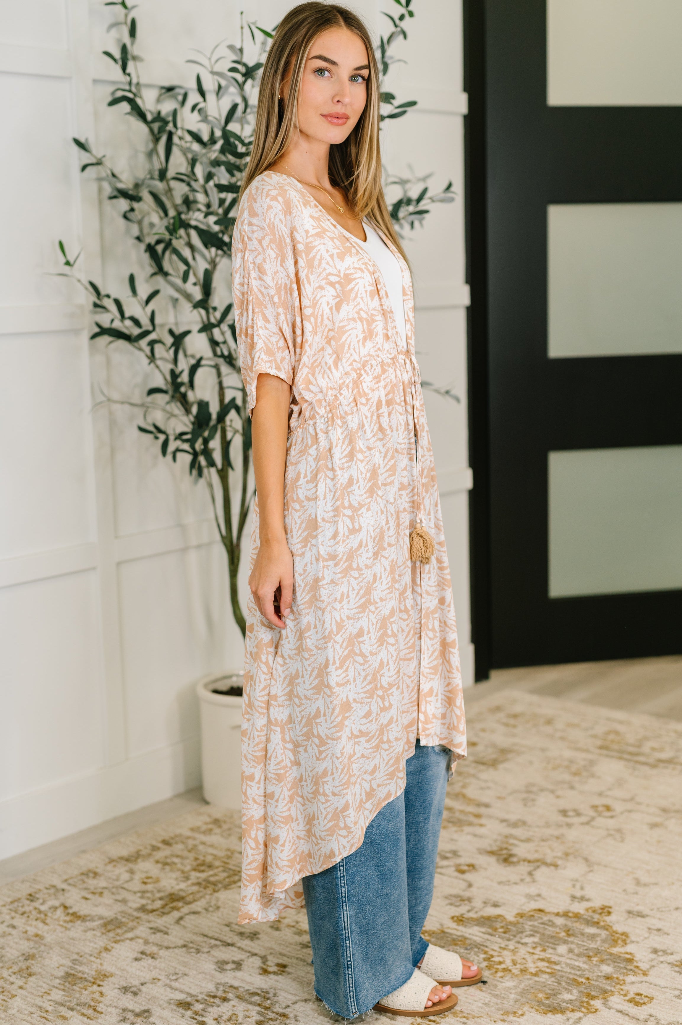 Tropical Print Gauze Kimono with Elastic Waist Tie in Milk Tea-Womens-Stay Foxy Boutique, Florissant, Missouri