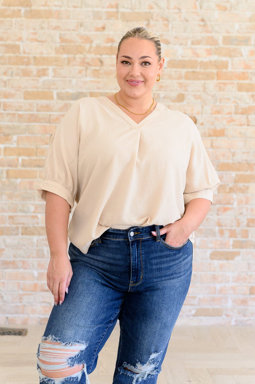Up For Anything V-Neck Blouse in Taupe-Tops-Stay Foxy Boutique, Florissant, Missouri