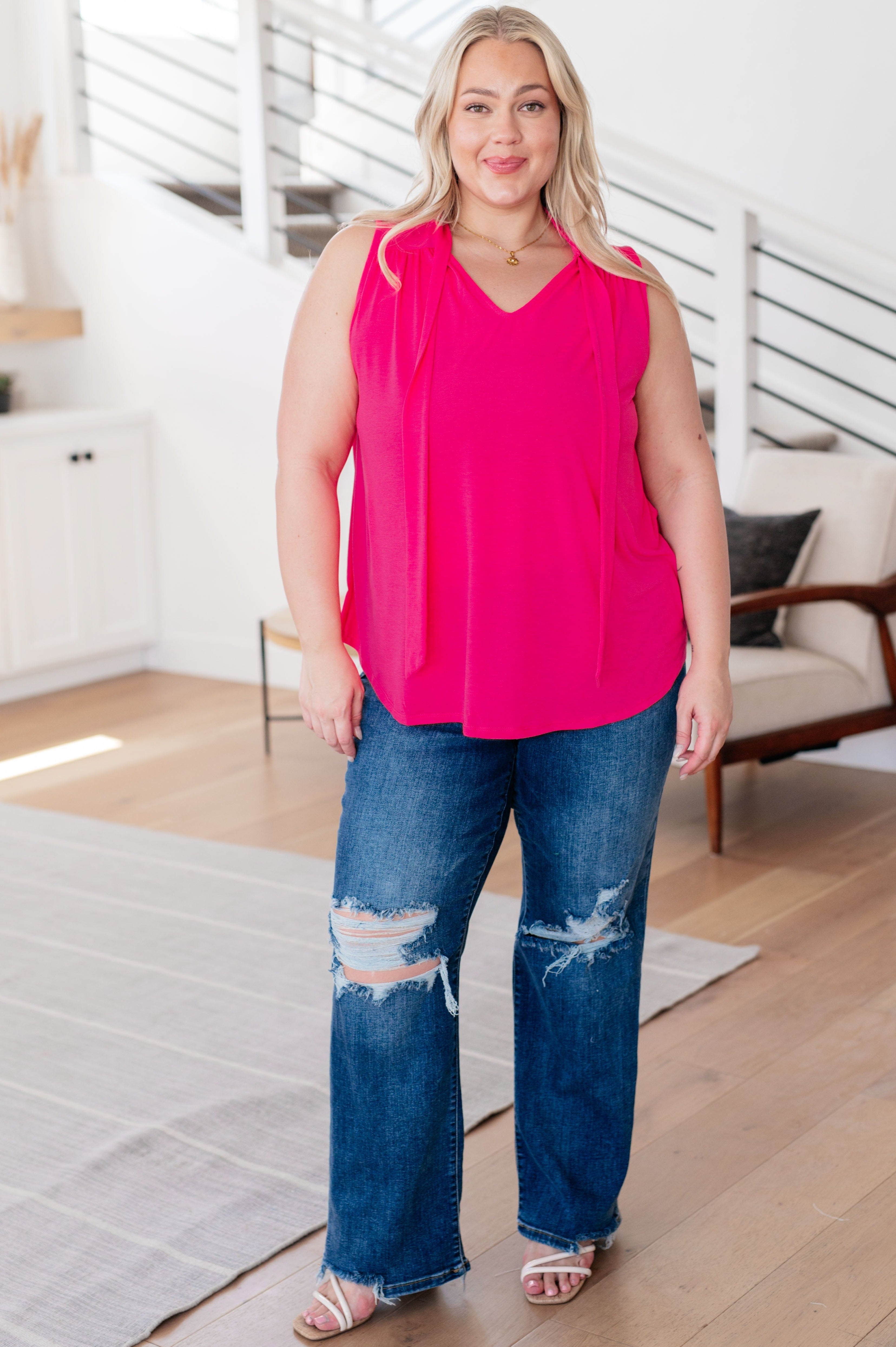 Uptown Girl Tie Detail Sleeveless Blouse-Tops-Stay Foxy Boutique, Florissant, Missouri