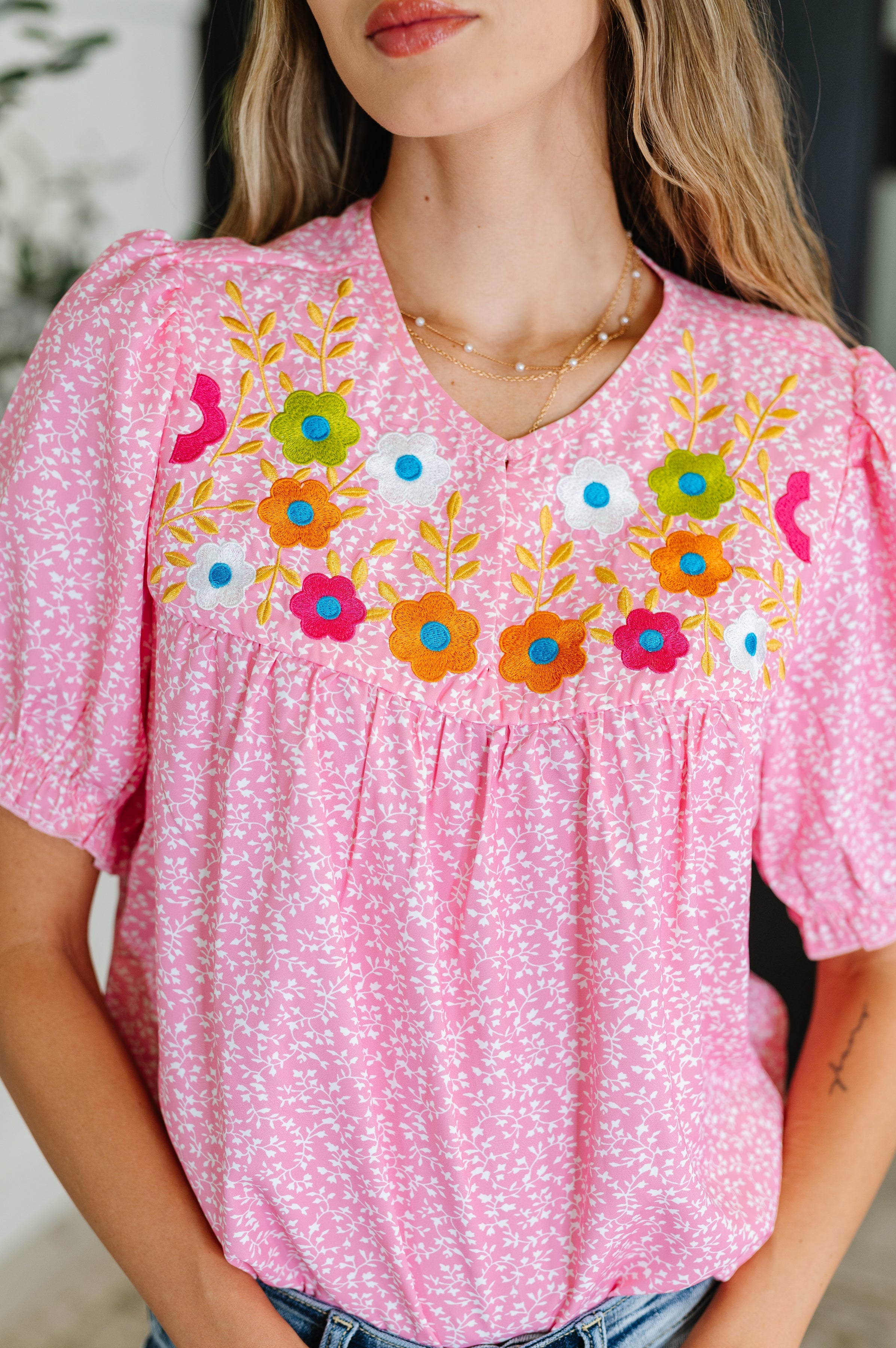 Wander Bloom Embroidered Puff Sleeve Blouse in Pink-Womens-Stay Foxy Boutique, Florissant, Missouri