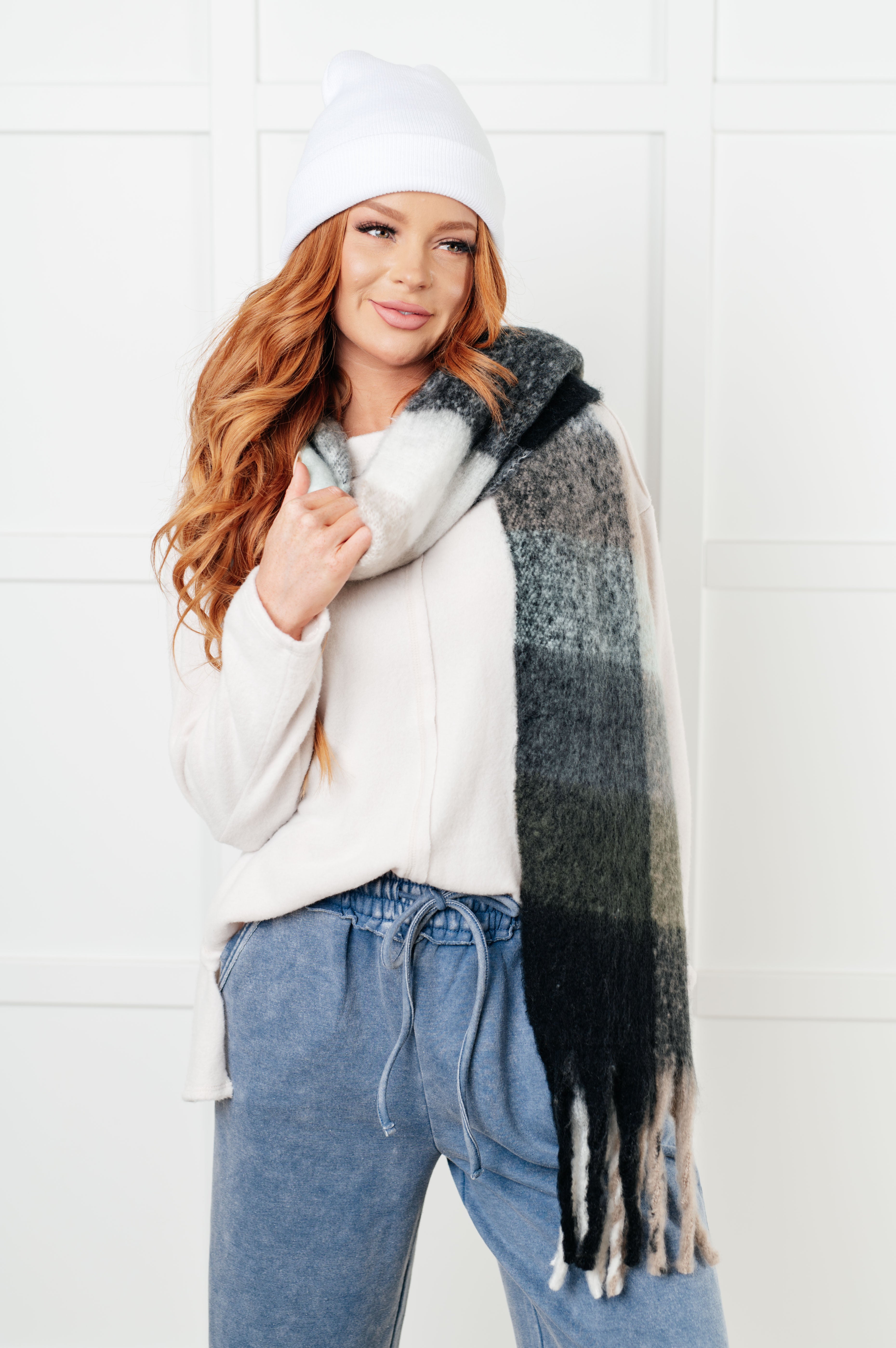 Wanderlust Wrap Oversized Plaid Fringe Scarf in Grey and Jade-Accessories-Stay Foxy Boutique, Florissant, Missouri