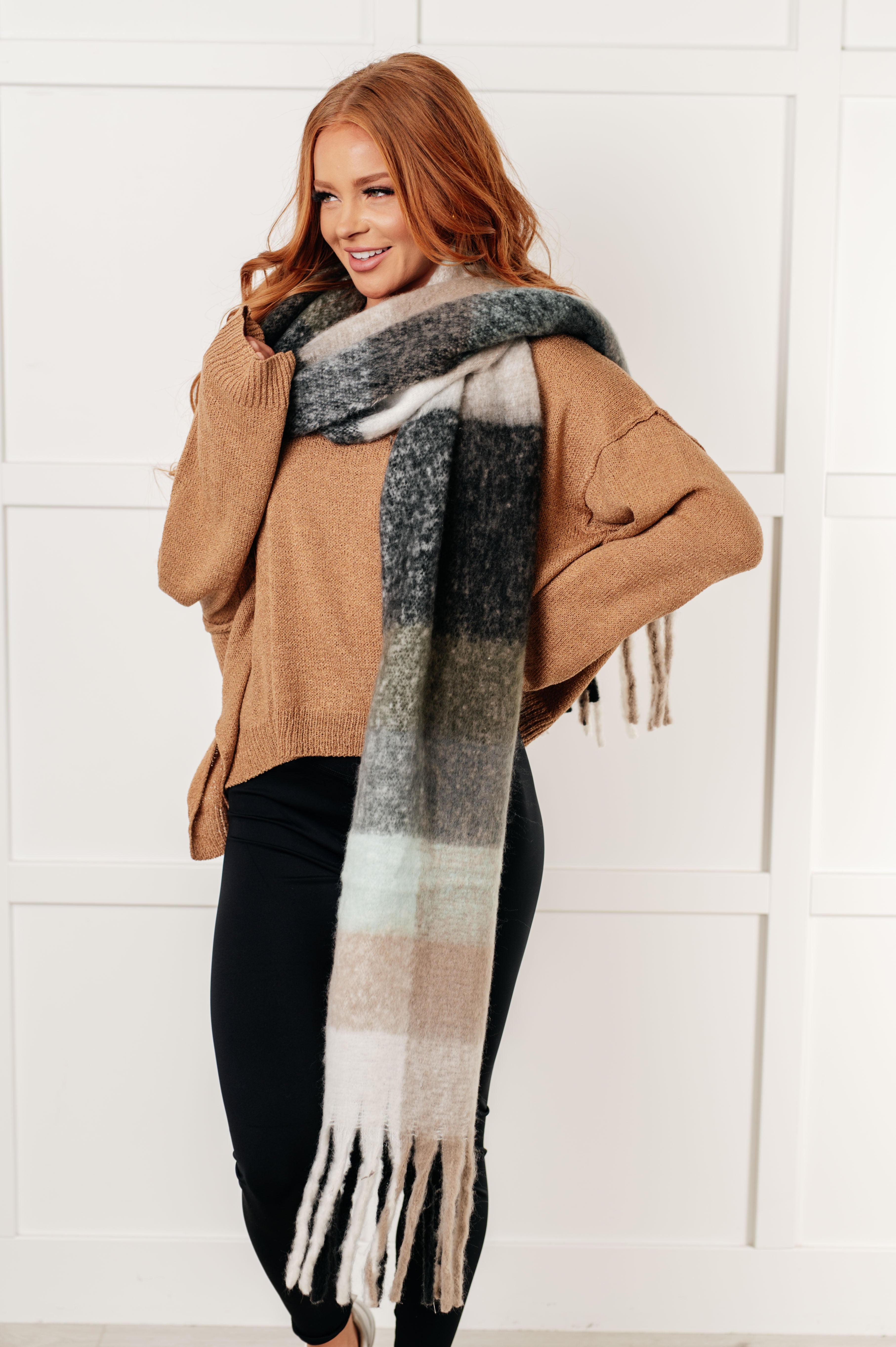 Wanderlust Wrap Oversized Plaid Fringe Scarf in Grey and Jade-Accessories-Stay Foxy Boutique, Florissant, Missouri
