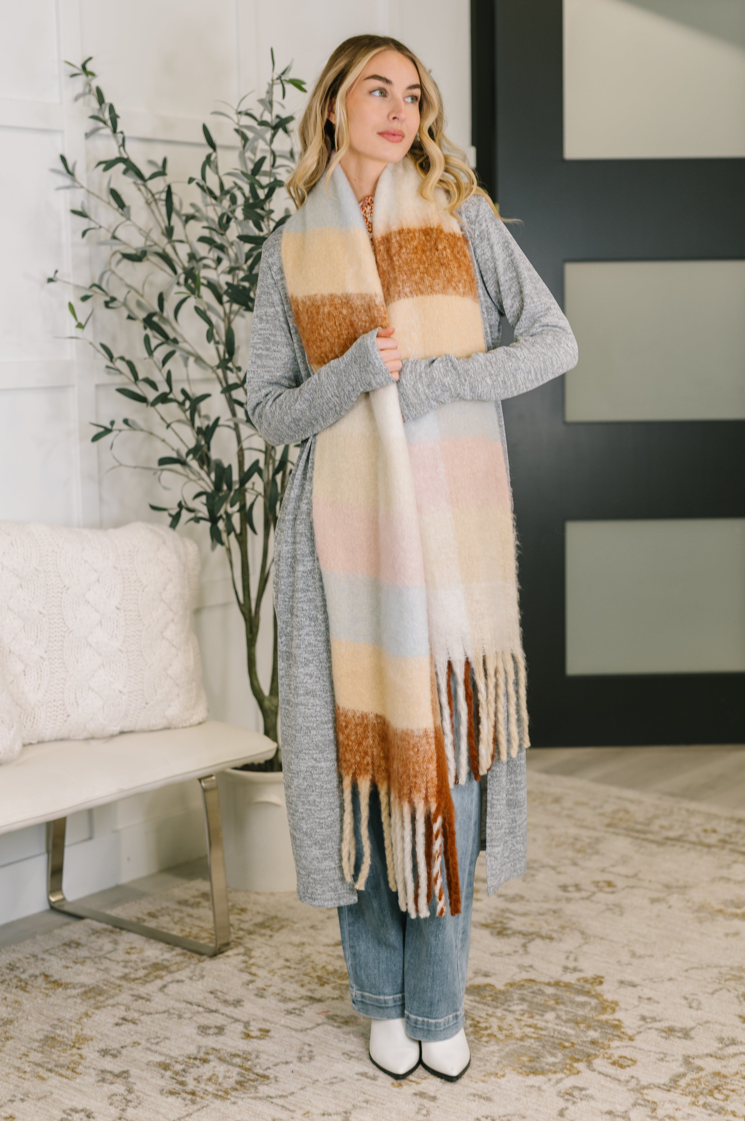 Wanderlust Wrap Oversized Plaid Fringe Scarf in Light Brown-Accessories-Stay Foxy Boutique, Florissant, Missouri