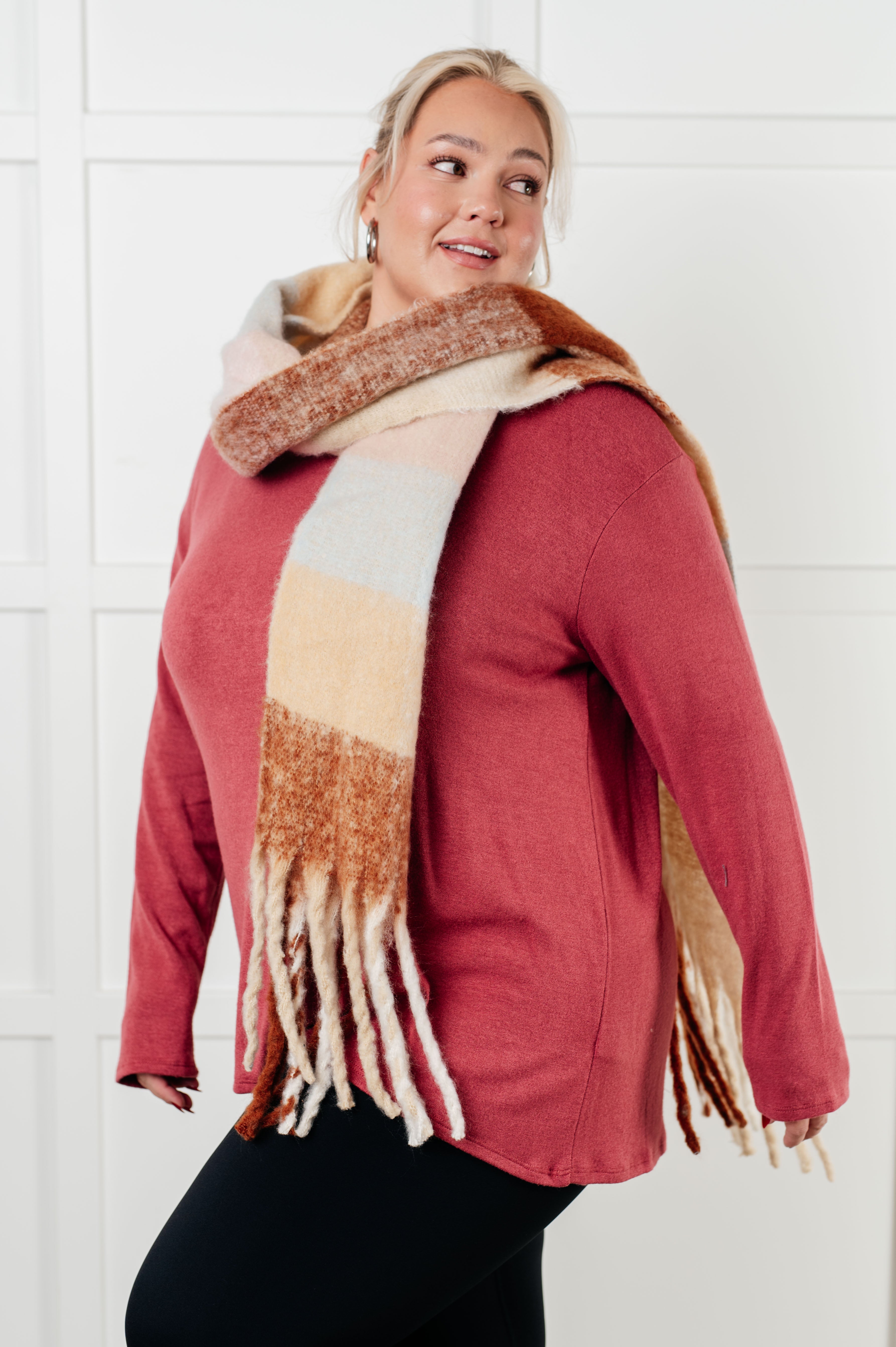 Wanderlust Wrap Oversized Plaid Fringe Scarf in Light Brown-Accessories-Stay Foxy Boutique, Florissant, Missouri