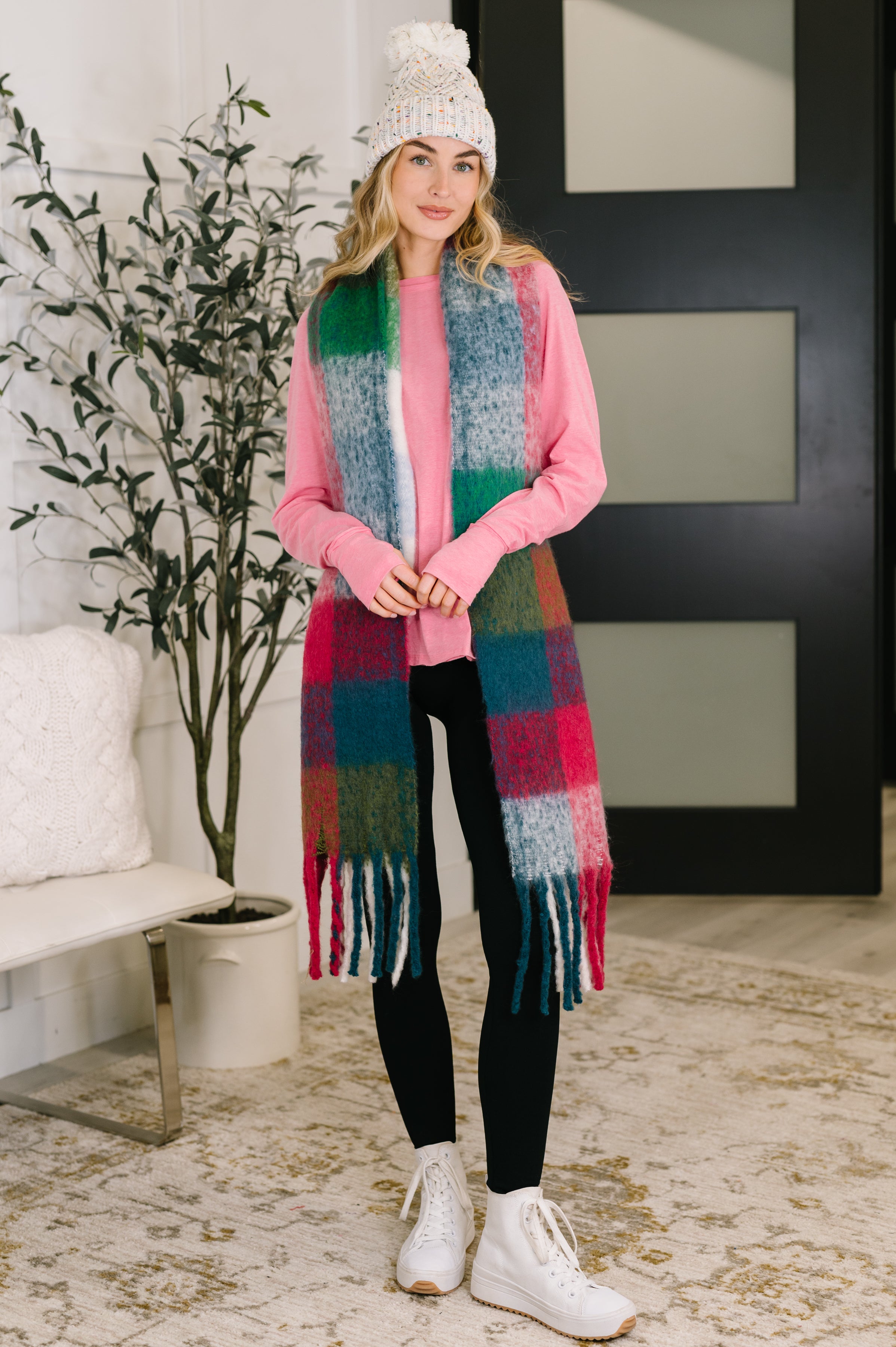 Wanderlust Wrap Oversized Plaid Fringe Scarf in Magenta and Teal-Accessories-Stay Foxy Boutique, Florissant, Missouri