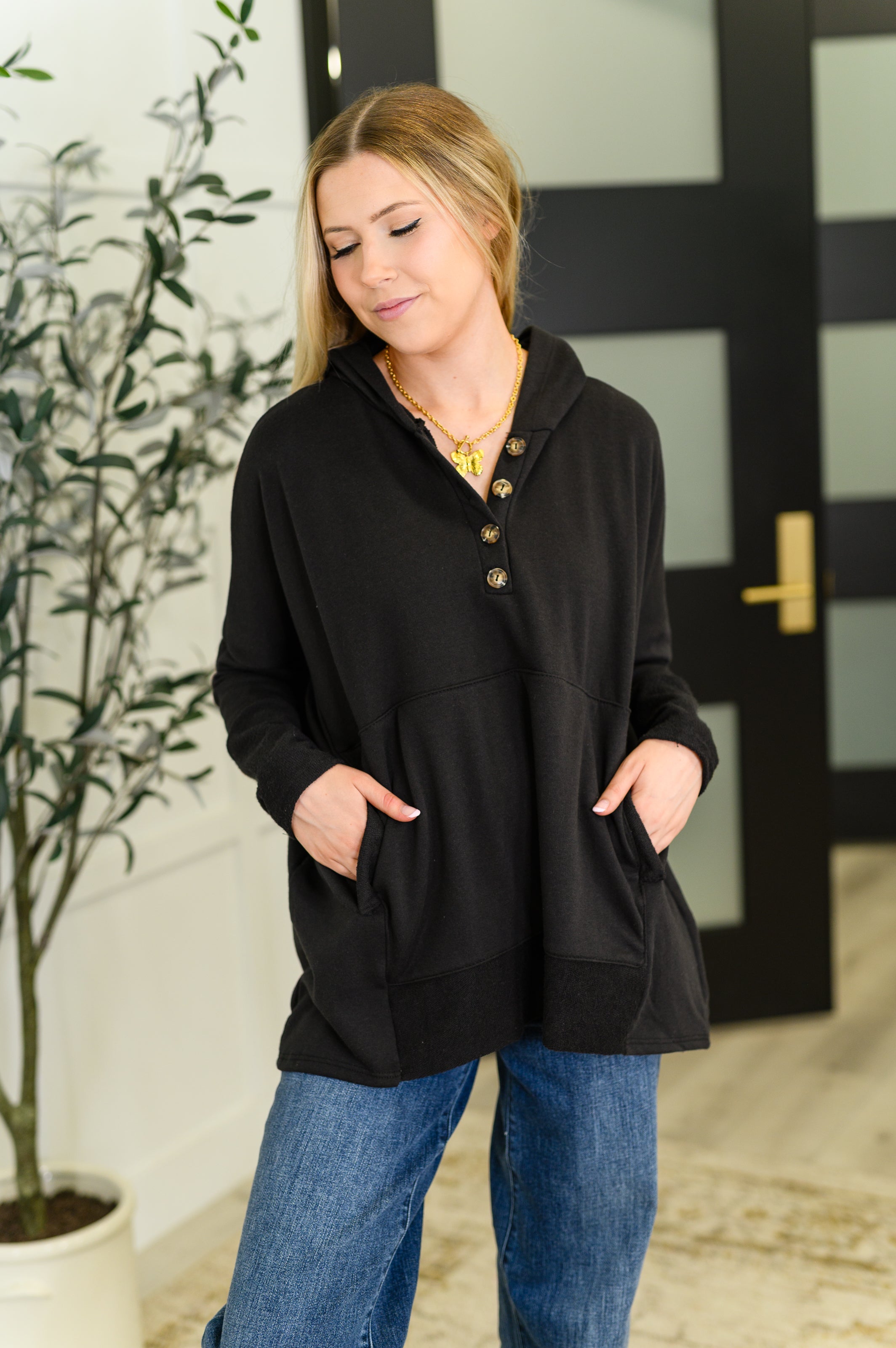 Warm Intentions Henley Pullover in Black-Womens-Stay Foxy Boutique, Florissant, Missouri