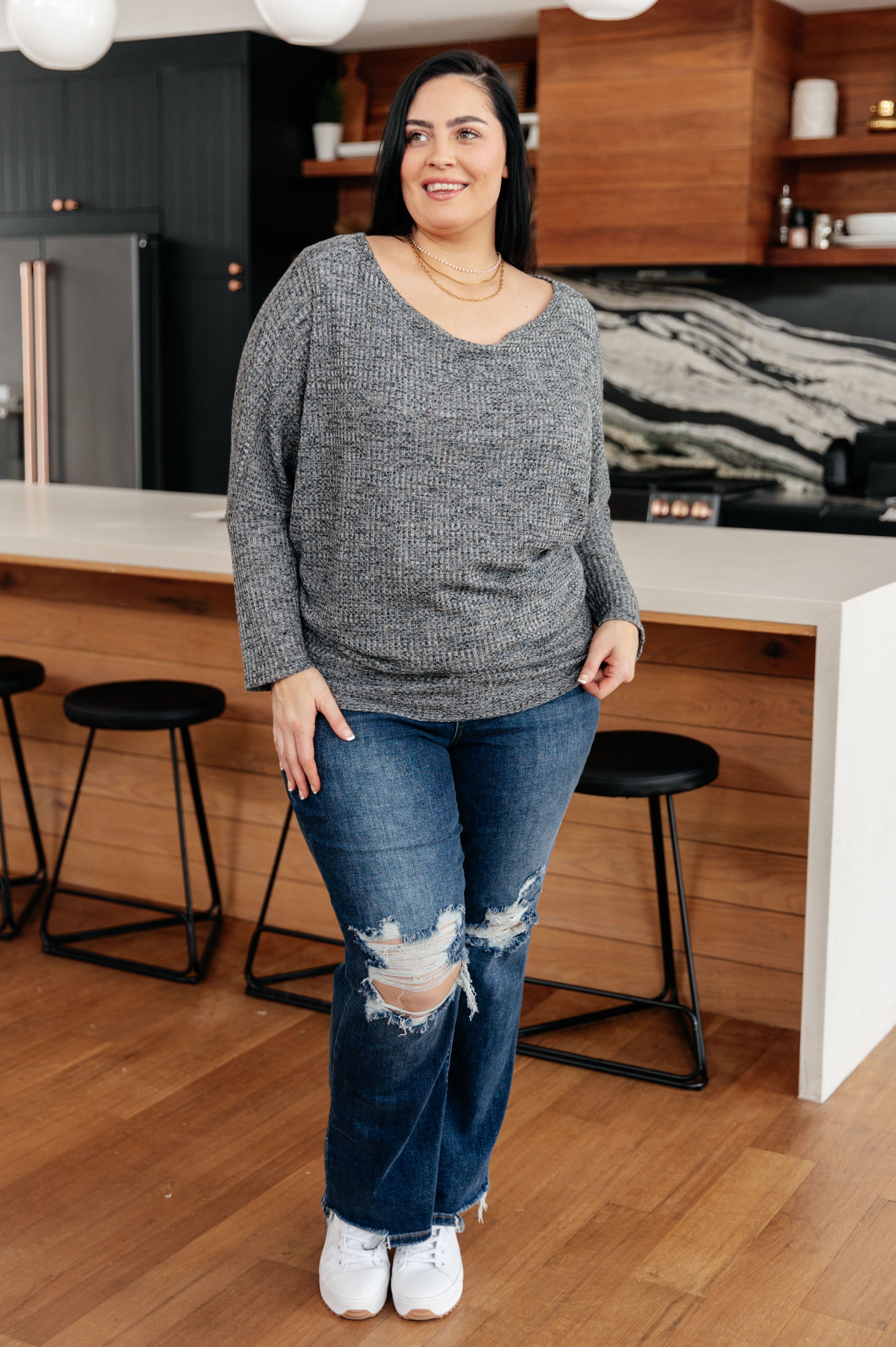 Warm Thoughts Ribbed Top in Charcoal-Tops-Stay Foxy Boutique, Florissant, Missouri