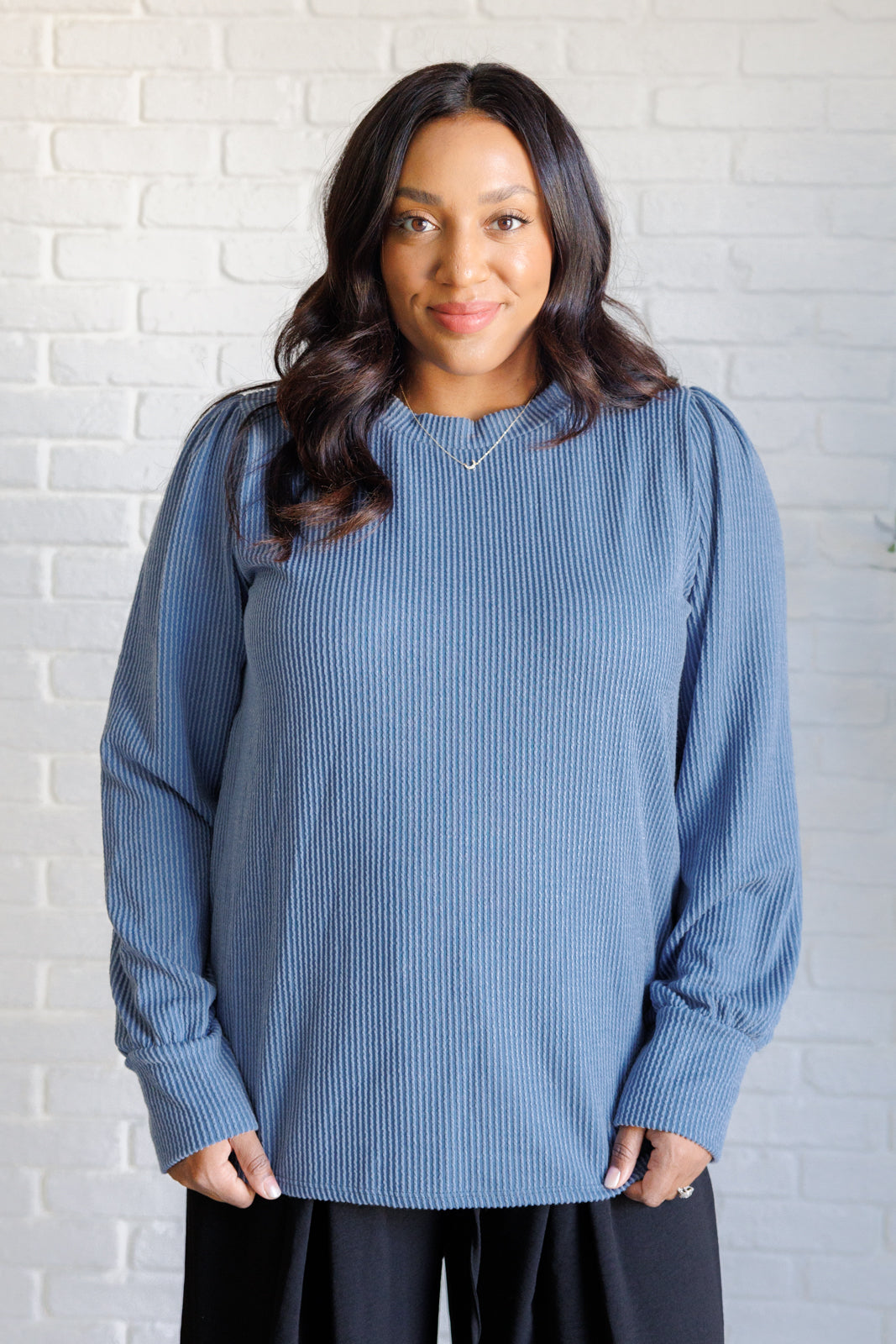 When the Sun Goes Down Mineral Wash Ribbed Knit Top in Vintage Denim-Tops-Stay Foxy Boutique, Florissant, Missouri