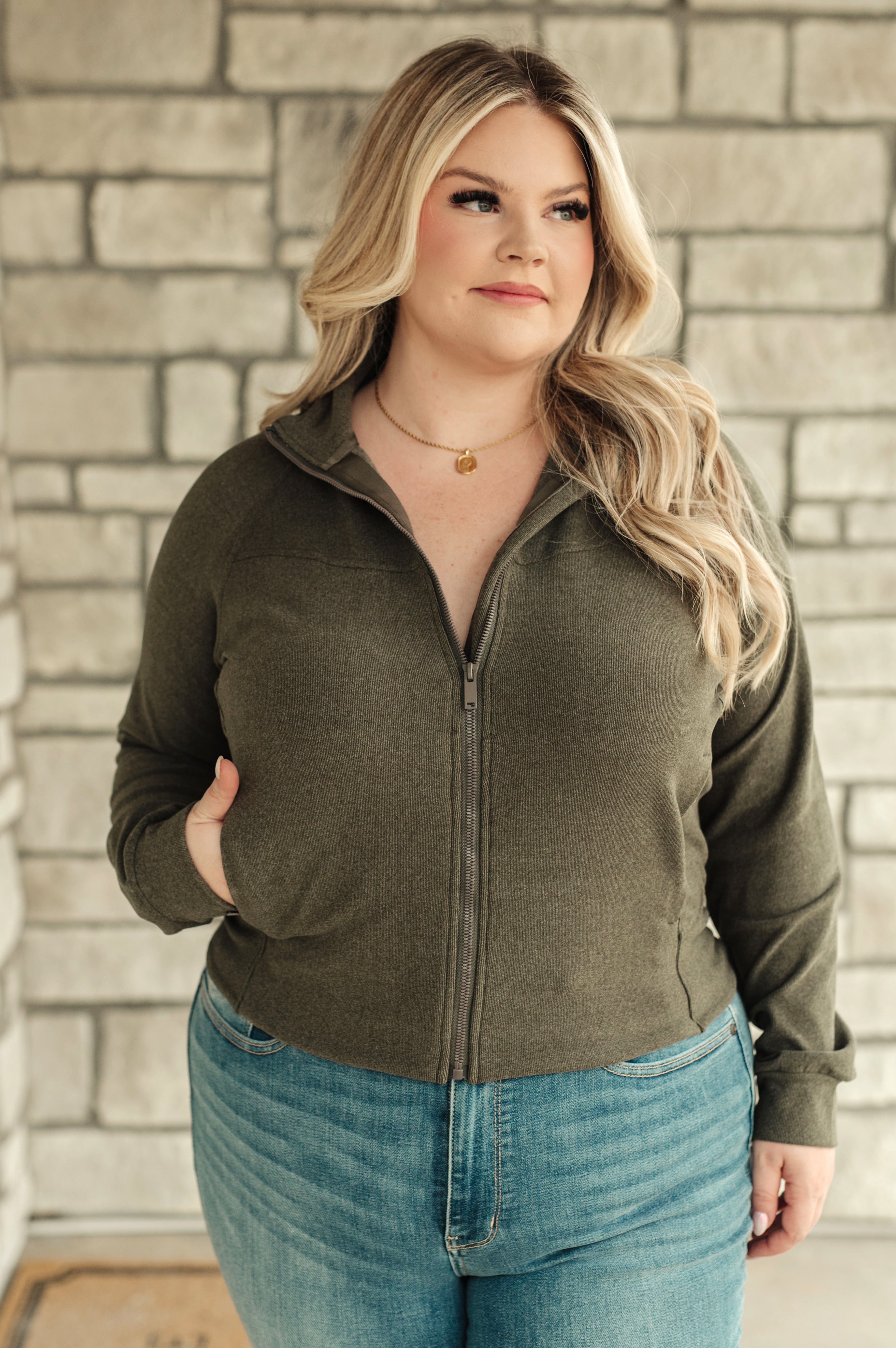 Where Are You Zip Up Jacket in Olive-Layers-Stay Foxy Boutique, Florissant, Missouri