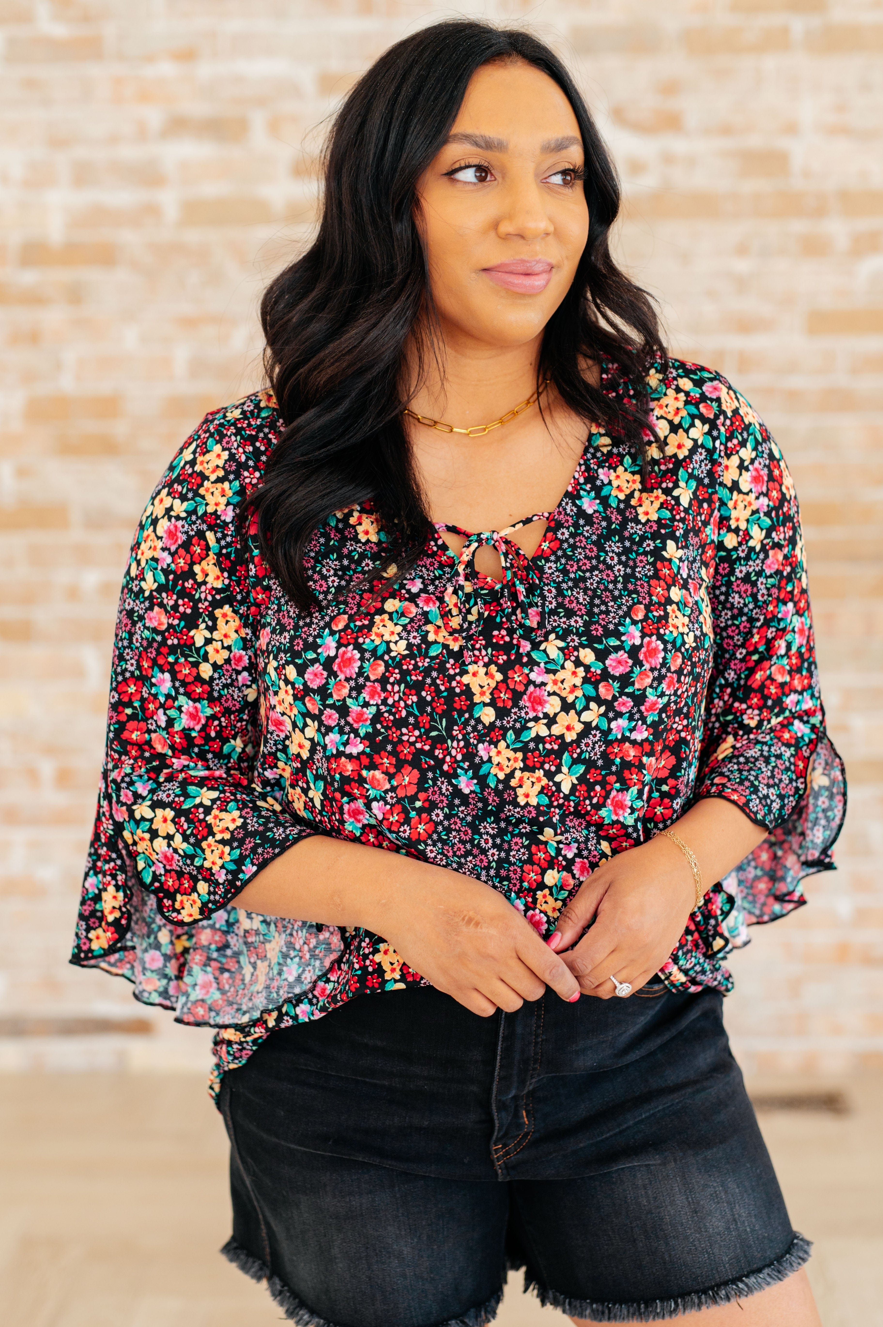 Willow Bell Sleeve Top in Black Multi Ditsy Floral-Tops-Stay Foxy Boutique, Florissant, Missouri
