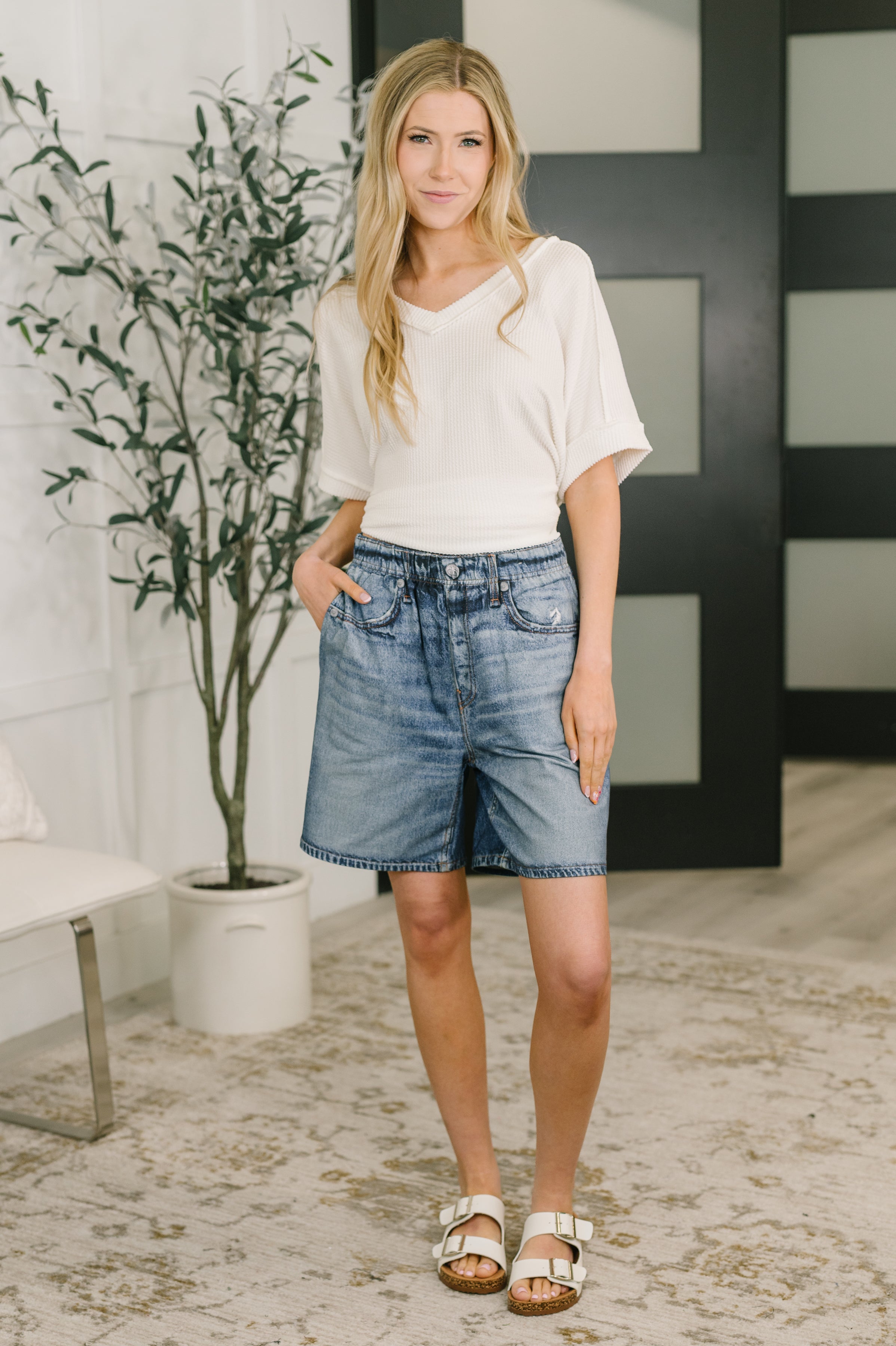 Zenim Printed High Waisted Shorts in Classic Denim-Womens-Stay Foxy Boutique, Florissant, Missouri