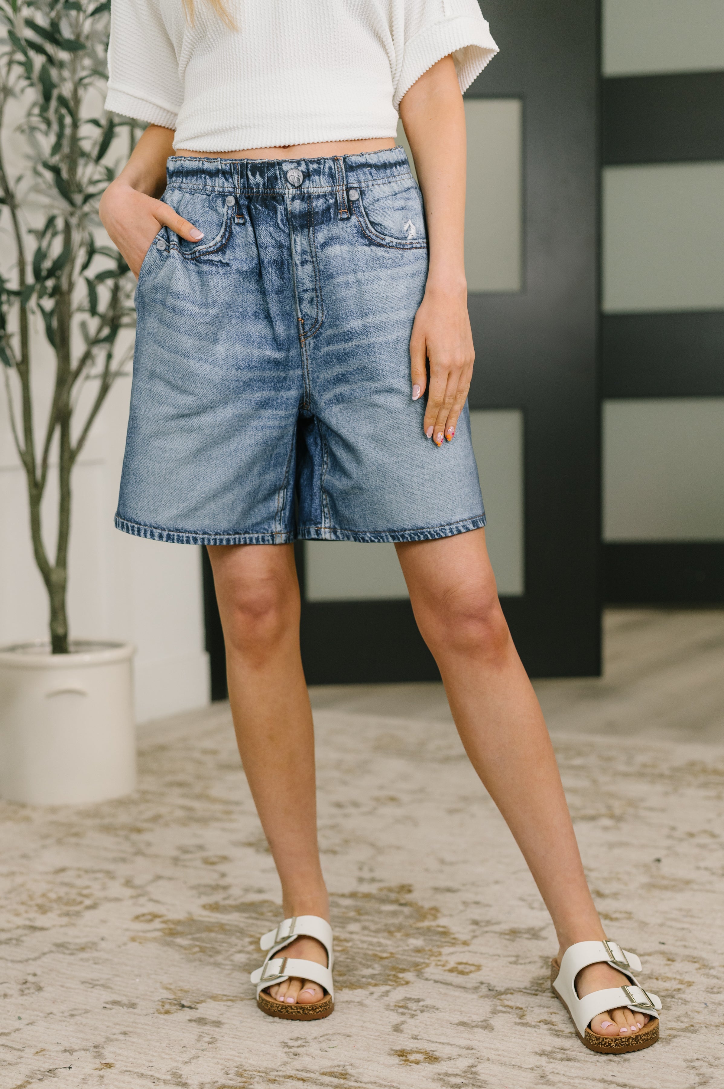 Zenim Printed High Waisted Shorts in Classic Denim-Womens-Stay Foxy Boutique, Florissant, Missouri