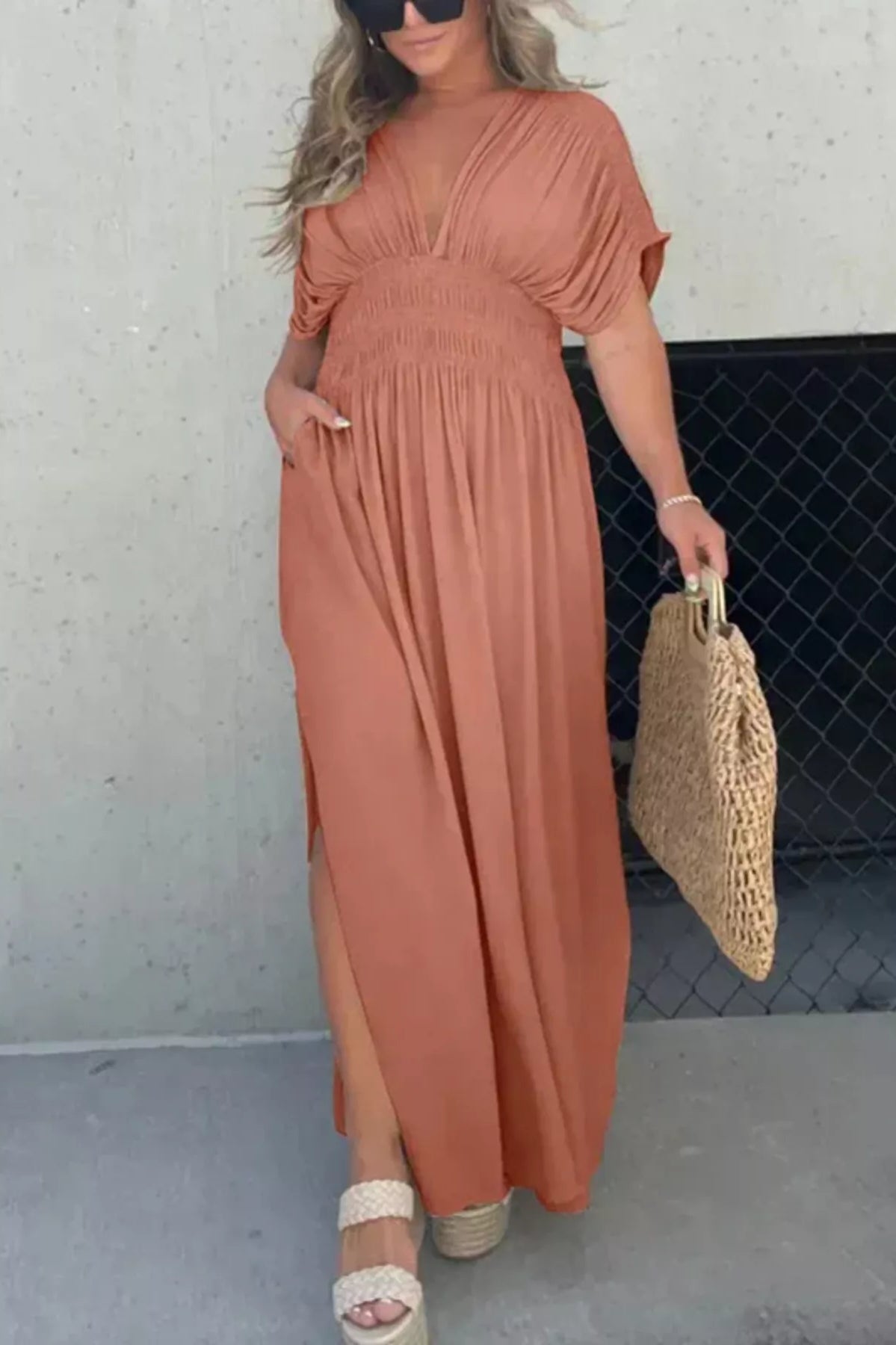 Full Size Slit V-Neck Smocked Waist Maxi Dress Plus Size-Stay Foxy Boutique, Florissant, Missouri