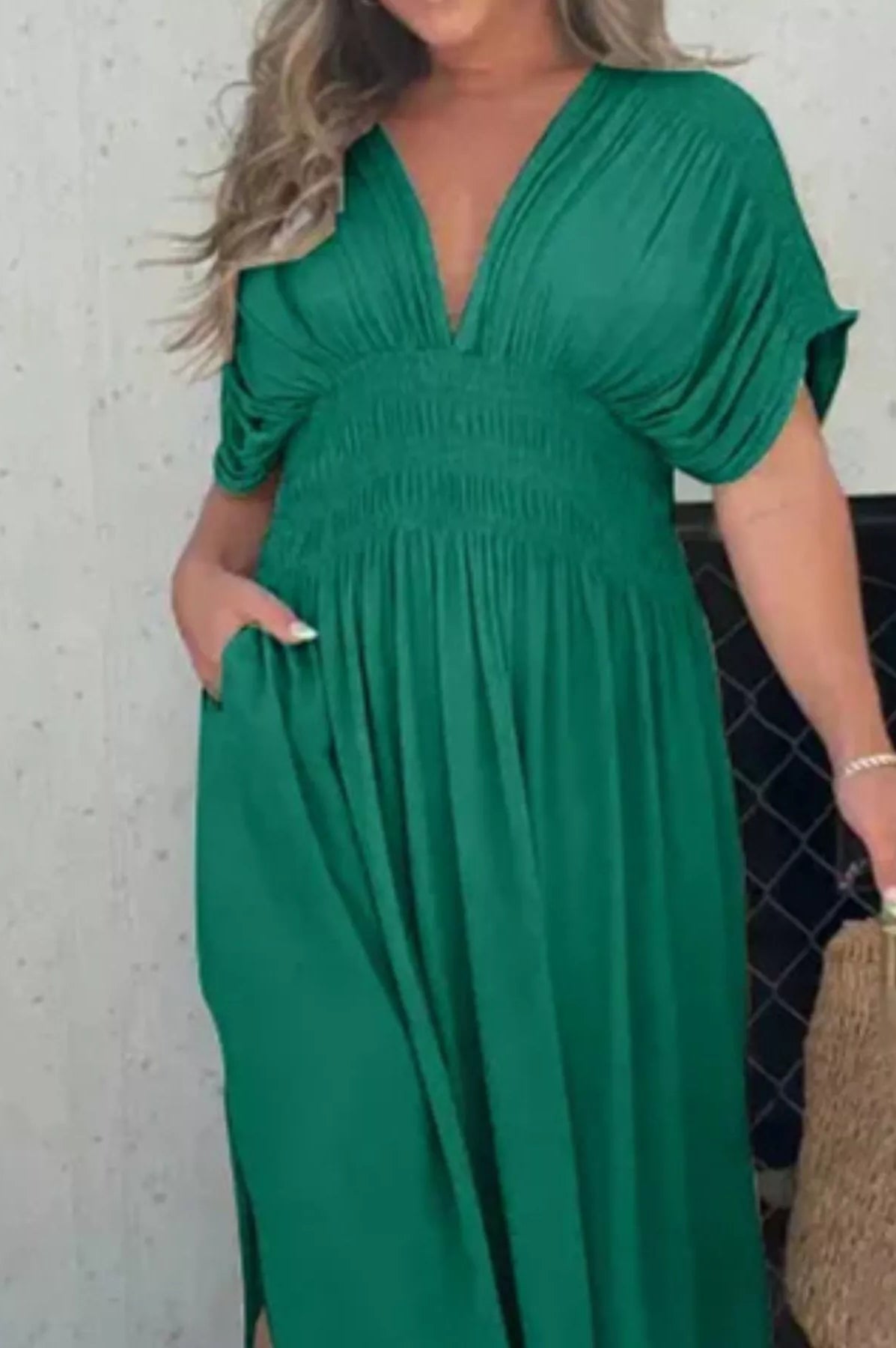 Full Size Slit V-Neck Smocked Waist Maxi Dress Plus Size-Stay Foxy Boutique, Florissant, Missouri