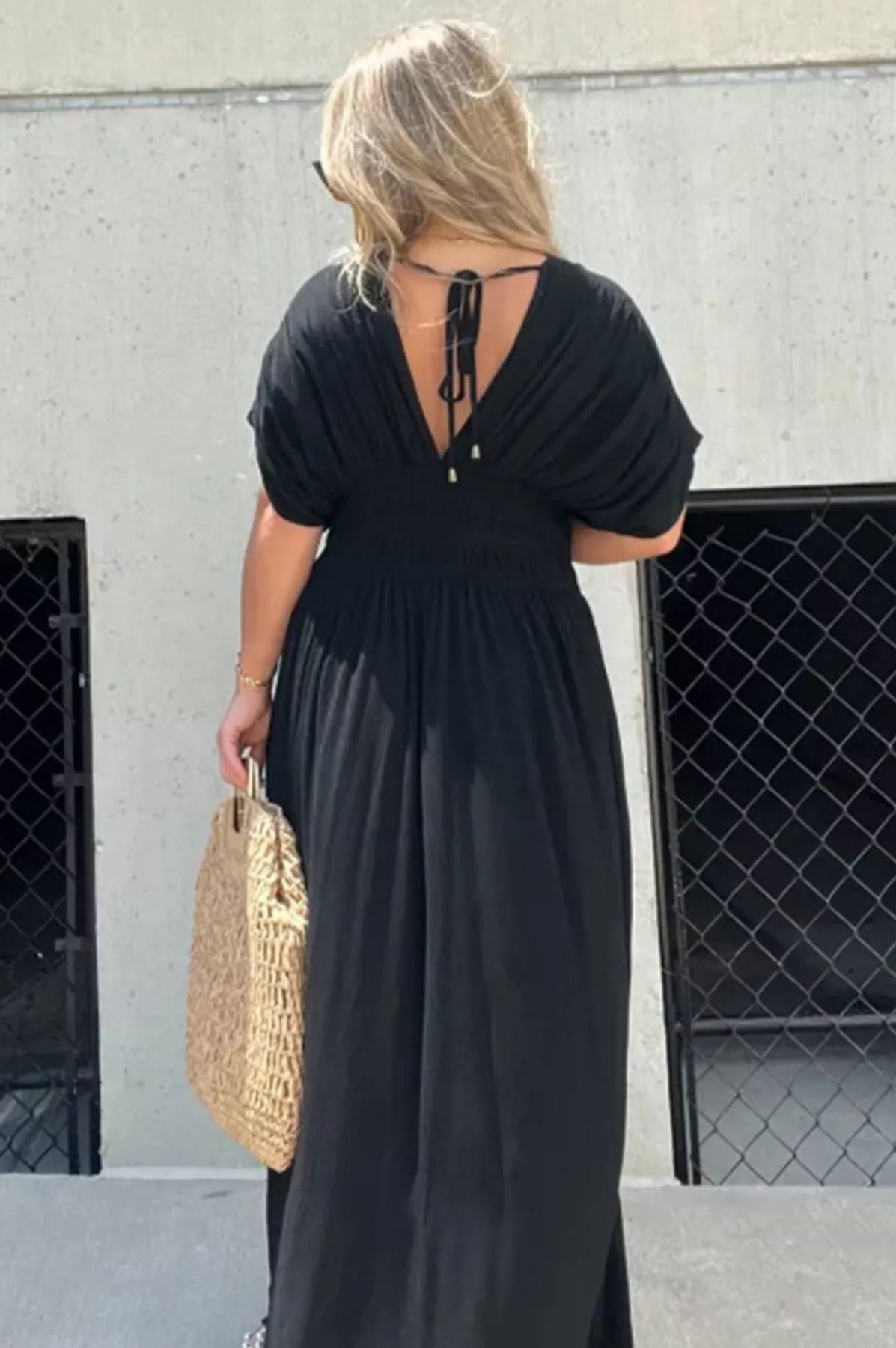 Full Size Slit V-Neck Smocked Waist Maxi Dress Plus Size-Stay Foxy Boutique, Florissant, Missouri