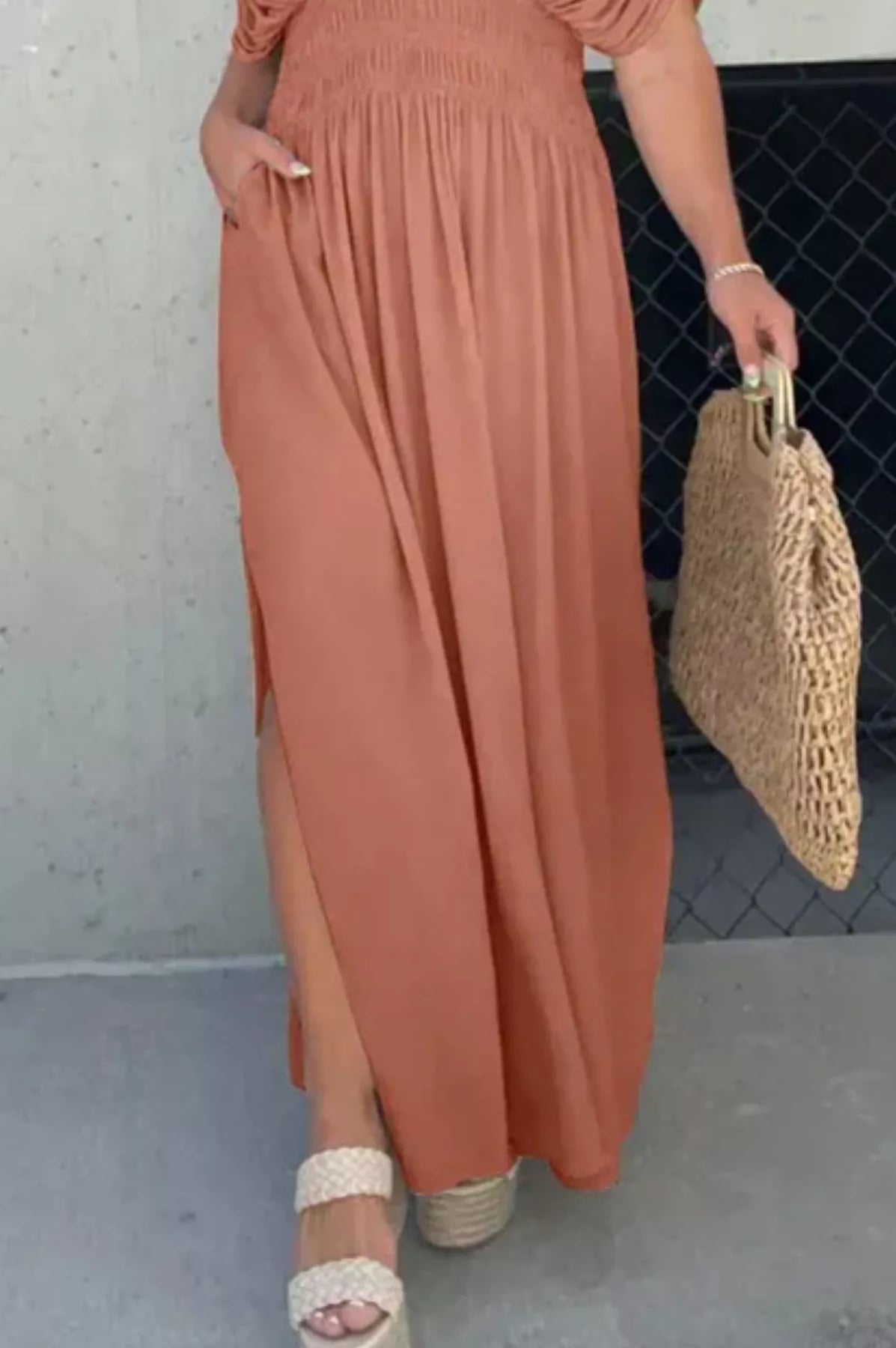 Full Size Slit V-Neck Smocked Waist Maxi Dress Plus Size-Stay Foxy Boutique, Florissant, Missouri