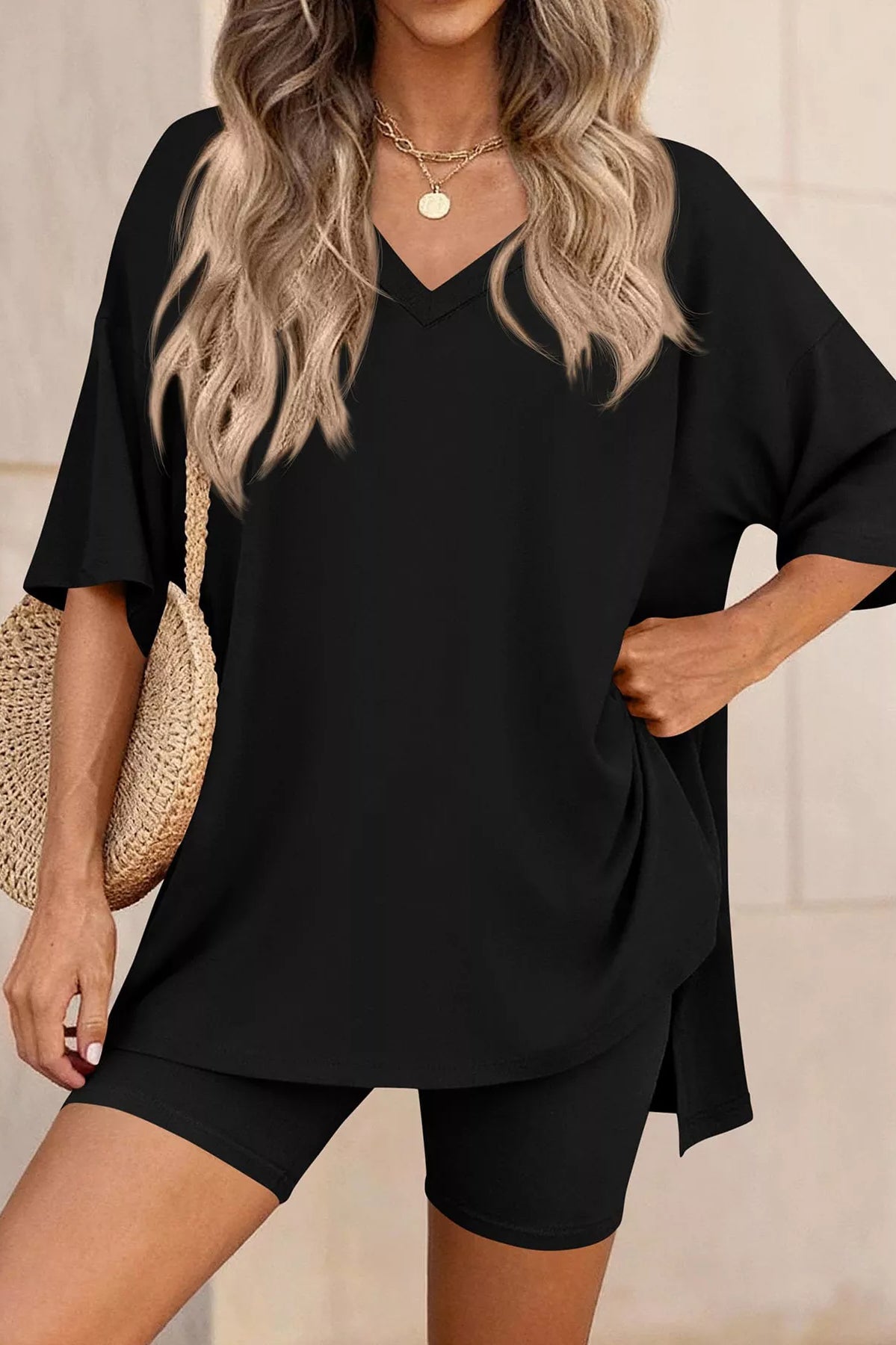 Full Size Casual Loose V-Neck T-Shirt & Shorts Set Plus Size-Stay Foxy Boutique, Florissant, Missouri