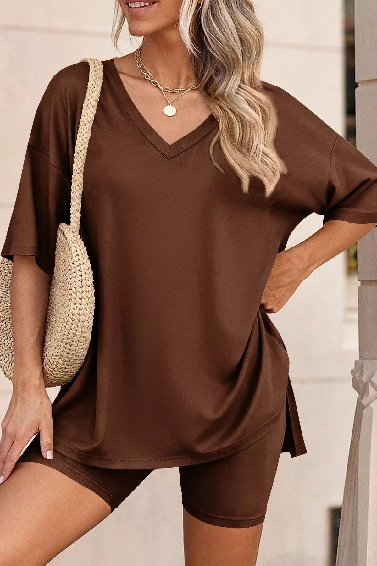 Full Size Casual Loose V-Neck T-Shirt & Shorts Set Plus Size-Stay Foxy Boutique, Florissant, Missouri